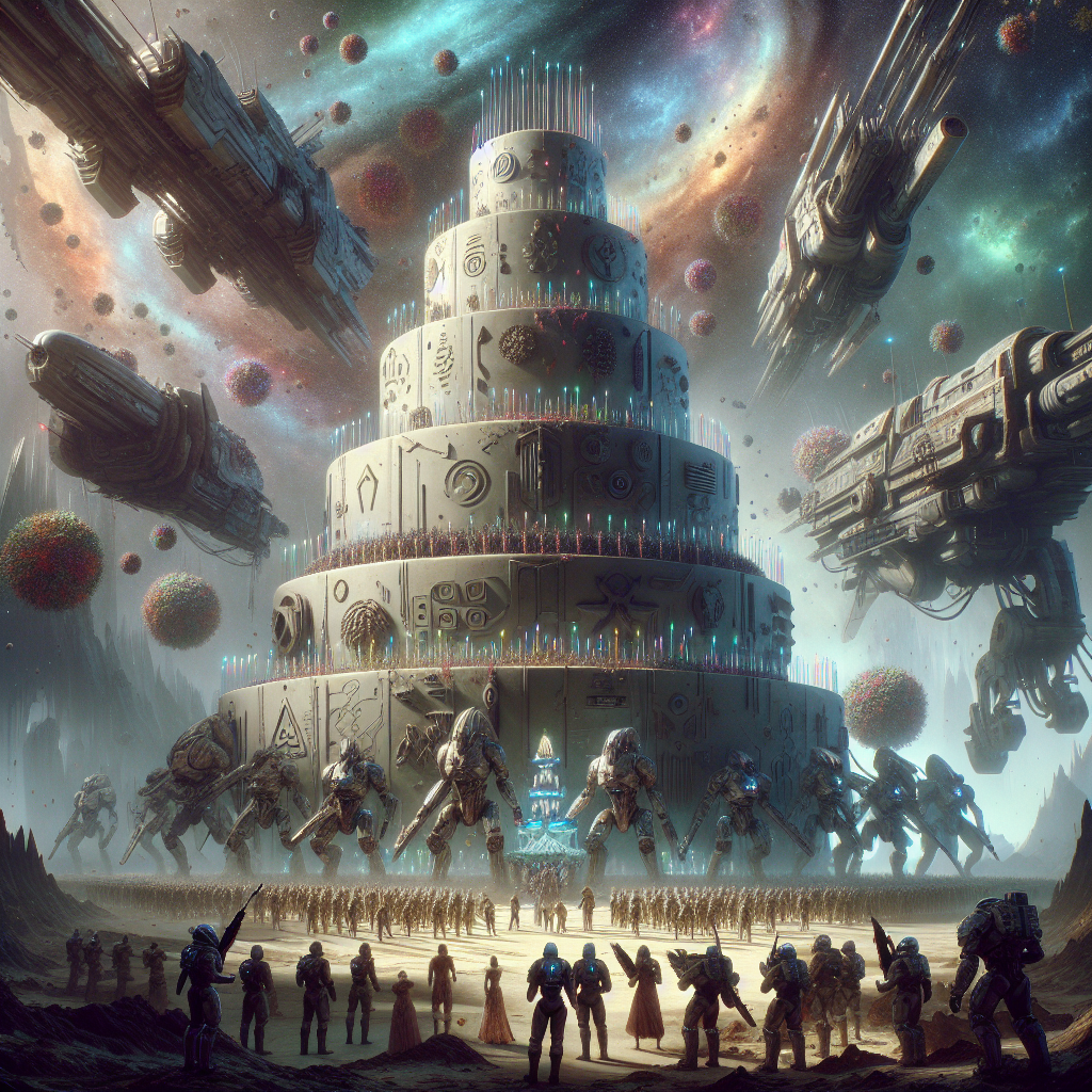 In this sci-fi visualization, contemplate a vast dystopian battlefield inspired by tabletop war games set in a remote future. Enormous mechanical constructs and determined soldiers brace themselves against the backdrop of tumbling cosmos and alien plant life. Central to this stage of conflict, a gigantic birthday cake capably withstands the environment. The tiers are meticulously adorned with symbols representing a powerful galactic empire. Ethereal light from the candles animate daunting figures that engage in an uncanny dance with the peculiar vegetation. Strangely, sworn enemies from diverse humanoid alien races and hardened space warriors experience a fleeting unity as they acknowledge this unusual celebration.
Generated with these themes: War hammer 40k, and Birthday cake.
Made with ❤️ by AI.