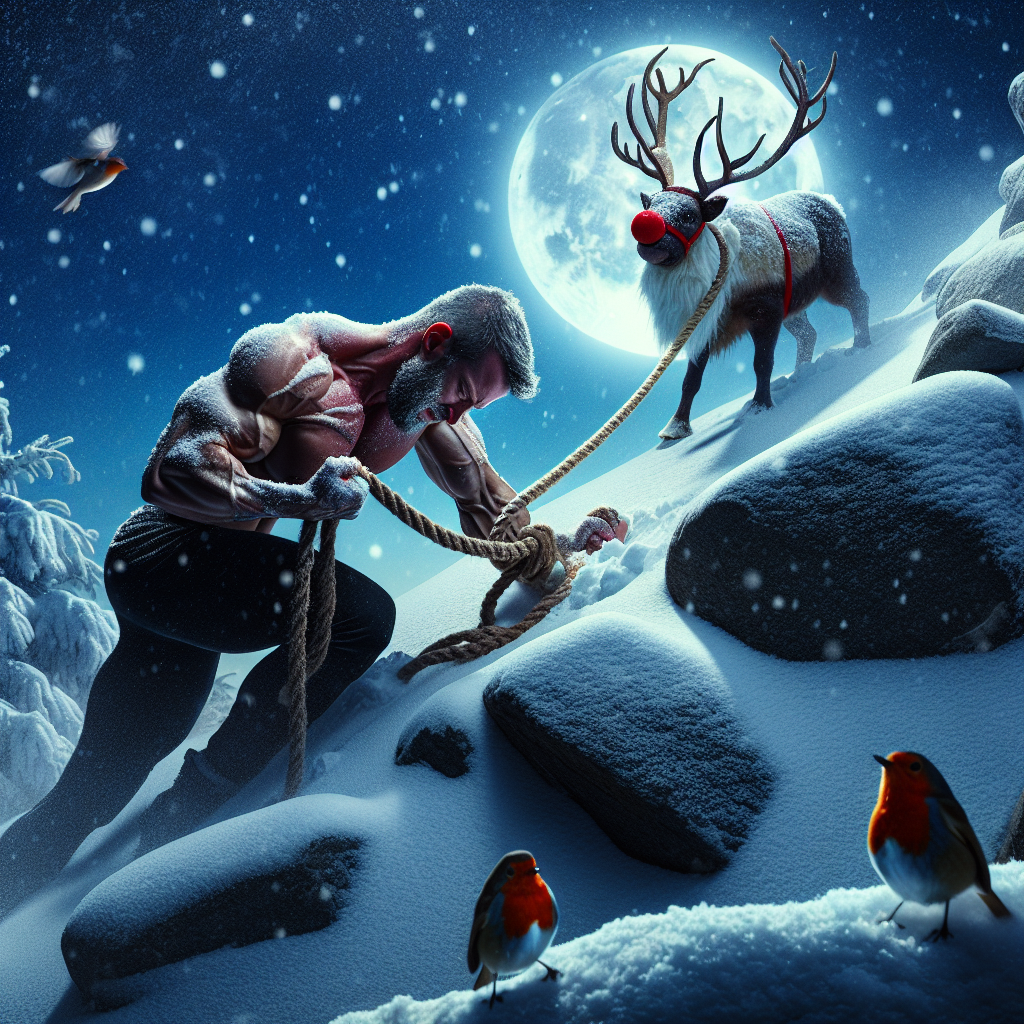 Santa claus climbing a rocky mountain topless, pulling rudolph up on a rope , Snowing, full moon, and Robins flying about them Christmas Card