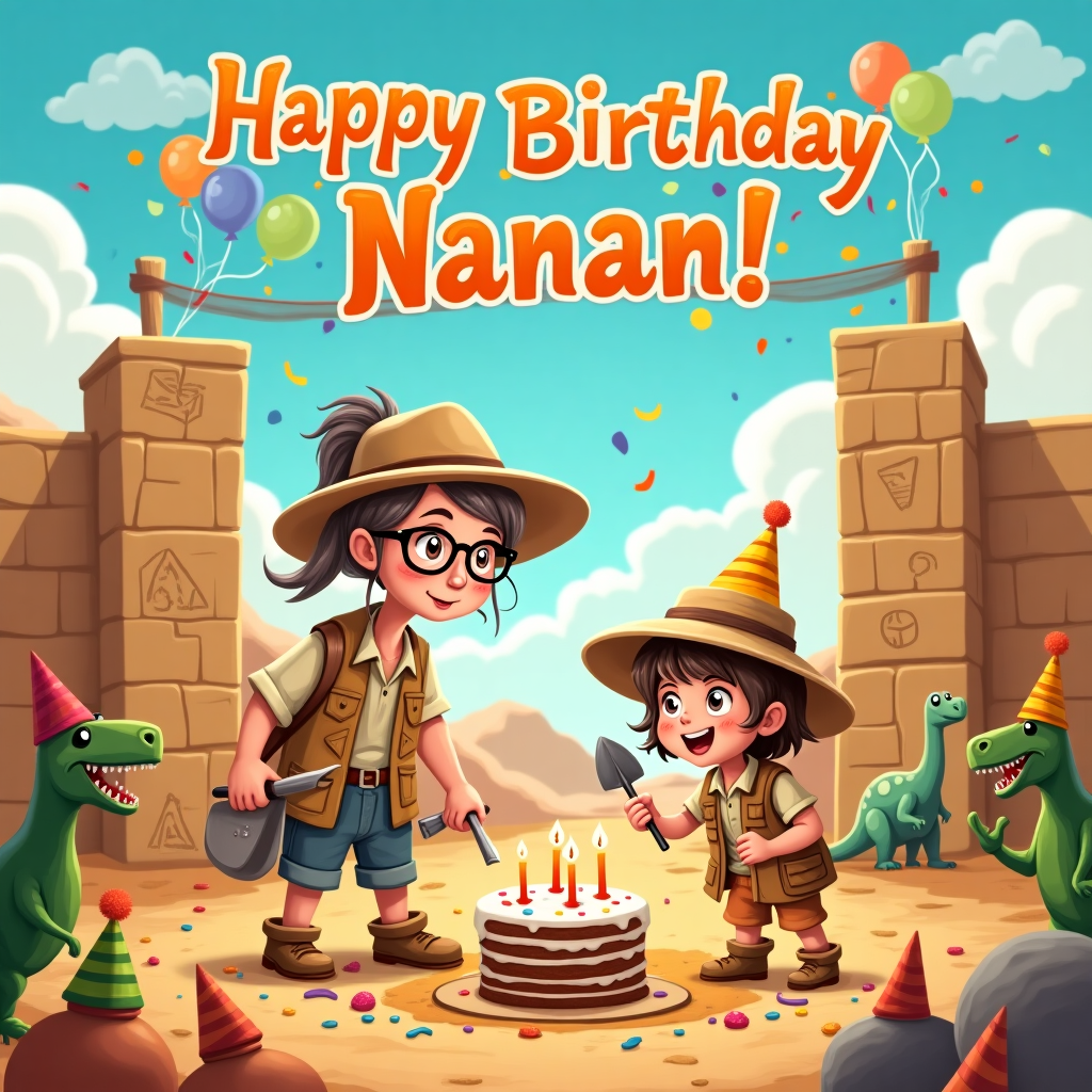 In the center of the card, imagine a lively excavation site turned birthday party, where Grandma, a spirited archaeologist with a bushy ponytail and thick round glasses, is knee-deep in an exciting dig. She’s wearing a sunhat adorned with a birthday candle on top, and a dusty explorer’s vest. Next to her, a precocious baby girl in a mini safari outfit, complete with a pint-sized hat and tiny boots, clutches a plastic trowel. Together, they're uncovering an ancient artifact that humorously resembles a birthday cake, complete with icing and candles peeking out from the soil. In the background, an assortment of archaeologist tools—brushes, shovels, and magnifying glasses—are scattered whimsically among fossils shaped like balloons and confetti. Overhead, the sky is a vibrant cartoonish blue, with fluffy clouds that have been artistically manipulated to spell out “Happy Birthday Nanan!” in a script that mimics ancient hieroglyphs. A colorful banner hangs across two excavated stone pillars, humorously supporting the archaeological theme, with playful drawings of dinosaurs wearing party hats. The foreground shows other archaeological volunteers, each with a party hat, some inspecting ancient pottery shaped like party cups, adding to the overall hilarity and celebratory vibe of this archaeological birthday adventure.
Generated with these themes: Grandma, Baby girl, and Archaeology .
Made with ❤️ by AI.