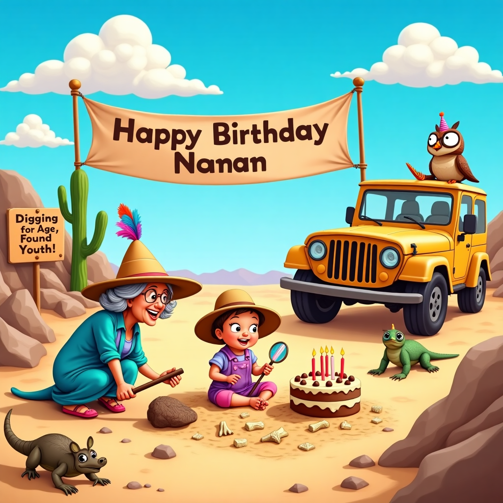 The scene opens with a whimsical archaeological dig site, set in a vibrant, cartoon-styled desert landscape. In the foreground, an animated and sprightly Grandma, sporting a sunhat adorned with colorful feathers, crouches over a half-buried ancient cake fossil. She’s equipped with oversized comical tools—a toothbrush for gently sweeping sand away and a magnifying glass that enlarges one of her eyes humorously. Beside her, a curious baby girl wearing a tiny safari hat sits in a miniature sandbox, gleefully playing with plastic dinosaur bones and pretending to uncover treasures. 

In the background, a vintage-looking jeep parked to the side has a banner strung across it that reads "Happy Birthday Nanan" in bold, playful letters. The "Nanan" part of the banner is designed to look like it’s been engraved into stone, giving it an ancient, archaeological twist. Above, fluffy clouds drift across a brilliant blue sky, one cloud shaped like a birthday cake with candles made of soft white cotton. Perched on a nearby rock is a wise old owl wearing spectacles, watching the scene unfold with mild amusement. 

Nearby, a comical excavation sign reads "Digging for Age, Found Youth!" adding a touch of humor. Various quirky details like a lizard sunbathing with sunglasses and an armadillo wearing a party hat crawling past Grandma's feet add layers of fun. The entire scene is alive with bright, cheerful colors and a playful sense of adventure, combining the themes of grandma, baby girl, and archaeology into a unique birthday celebration tableau.
Generated with these themes: Grandma, Baby girl, and Archaeology .
Made with ❤️ by AI.