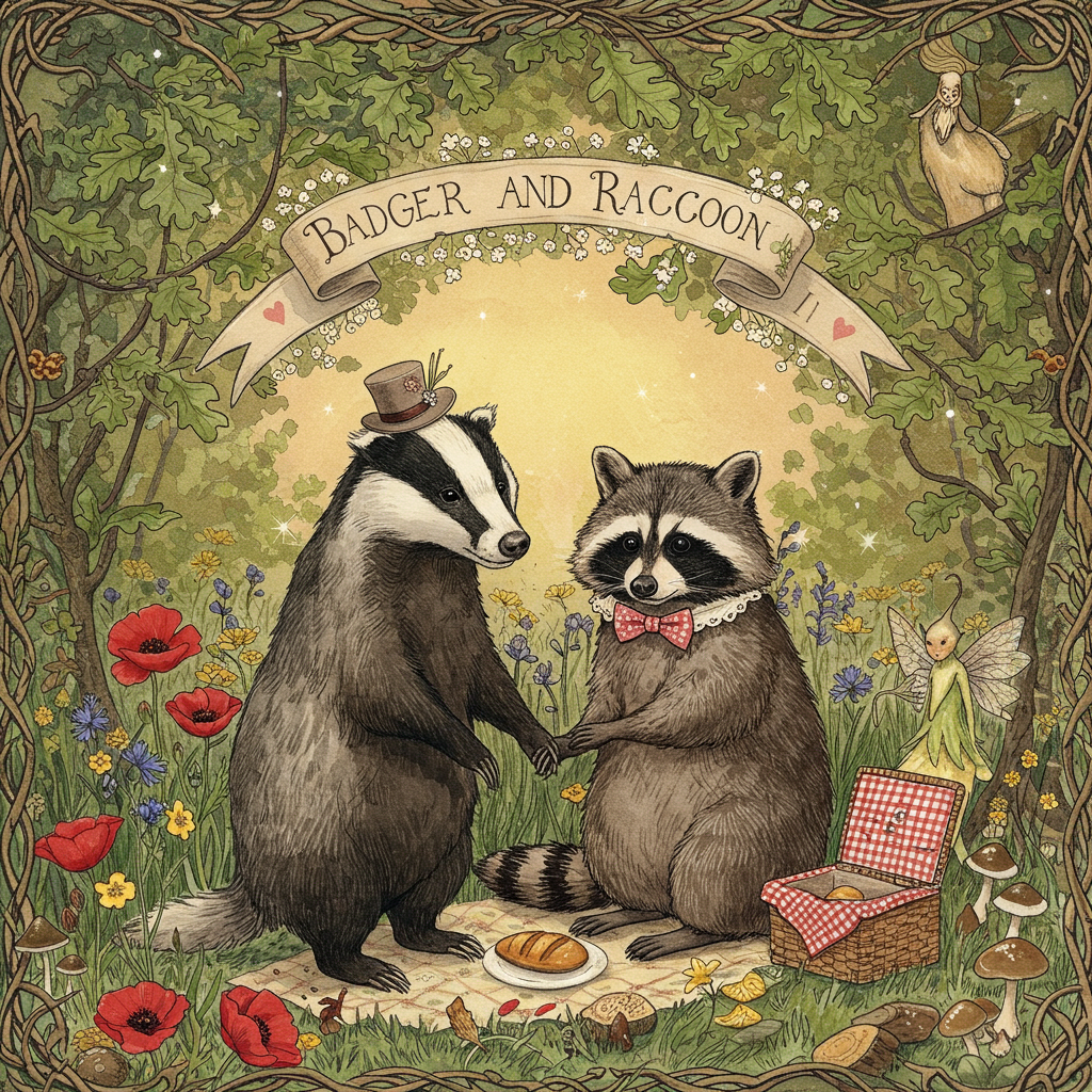 Imagine a woodland clearing bathed in the soft, golden glow of the setting sun, casting a gentle light through the delicate, verdant canopy of oak leaves. In the center of this enchanting scene, a charmingly detailed badger and raccoon stand side by side. 

The badger, with its distinctive black and white stripes, wears a small, elegantly tilted top hat adorned with a single, tiny pink rose. The raccoon, with its mischievous bandit mask, sports a delicate, lace-trimmed bow tie in a soft lavender hue. Both hold each other's paws tenderly, their eyes wide and expressive, surrounded by a world of intricate detail reminiscent of Beatrix Potter's work.

Surrounding the pair, the forest floor is sprinkled with vivid wildflowers in a riot of colors—deep crimson poppies, sky-blue cornflowers, and dainty, pale yellow buttercups—painted with a precision that calls to mind Arthur Rackham's naturalistic illustrations. Nearby, a small, vintage-style picnic basket sits, slightly open, revealing a glimpse of red-checkered fabric and a loaf of freshly baked bread.

Above, amidst the lush green branches, hangs a delicately crafted banner. The banner, seemingly woven from twinkling stardust and interwoven with small clusters of baby’s breath flowers, gracefully arches over the scene. On it, in flowing, elegant script, are the words "Badger and Raccoon in Love," each letter outlined in a soft, shimmering silver.

To one side, a small, whimsical fairy-like creature, reminiscent of Maurice Sendak's fantastic beasts, peeks from behind a mushroom, curiously observing the pair. The background is an elaborate tapestry of entwined vines and detailed foliage, with subtle, earthy tones creating a rich tapestry that hints at Edward Gorey’s signature intricate style.

This Valentine’s Day card captures a world where nature and romance intertwine, inviting the viewer into a storybook romance set in an idyllic, lovingly illustrated woodland.
Generated with these themes: Badger and raccoon in love.
Made with ❤️ by AI.