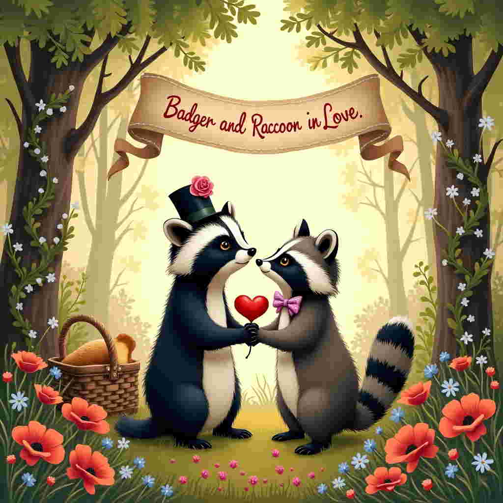 Imagine a woodland clearing bathed in the soft, golden glow of the setting sun, casting a gentle light through the delicate, verdant canopy of oak leaves. In the center of this enchanting scene, a charmingly detailed badger and raccoon stand side by side. 

The badger, with its distinctive black and white stripes, wears a small, elegantly tilted top hat adorned with a single, tiny pink rose. The raccoon, with its mischievous bandit mask, sports a delicate, lace-trimmed bow tie in a soft lavender hue. Both hold each other's paws tenderly, their eyes wide and expressive, surrounded by a world of intricate detail reminiscent of Beatrix Potter's work.

Surrounding the pair, the forest floor is sprinkled with vivid wildflowers in a riot of colors—deep crimson poppies, sky-blue cornflowers, and dainty, pale yellow buttercups—painted with a precision that calls to mind Arthur Rackham's naturalistic illustrations. Nearby, a small, vintage-style picnic basket sits, slightly open, revealing a glimpse of red-checkered fabric and a loaf of freshly baked bread.

Above, amidst the lush green branches, hangs a delicately crafted banner. The banner, seemingly woven from twinkling stardust and interwoven with small clusters of baby’s breath flowers, gracefully arches over the scene. On it, in flowing, elegant script, are the words "Badger and Raccoon in Love," each letter outlined in a soft, shimmering silver.

To one side, a small, whimsical fairy-like creature, reminiscent of Maurice Sendak's fantastic beasts, peeks from behind a mushroom, curiously observing the pair. The background is an elaborate tapestry of entwined vines and detailed foliage, with subtle, earthy tones creating a rich tapestry that hints at Edward Gorey’s signature intricate style.

This Valentine’s Day card captures a world where nature and romance intertwine, inviting the viewer into a storybook romance set in an idyllic, lovingly illustrated woodland.
Generated with these themes: Badger and raccoon in love.
Made with ❤️ by AI.