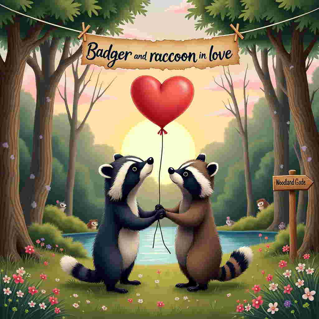 In the foreground, depict a charmingly detailed hand-drawn scene with a badger and a raccoon, standing close together. The badger, on the left, has soft charcoal gray fur with striking white stripes running from its nose over its head. The raccoon, on the right, displays a palette of earthy browns and blacks with characteristic bandit-like facial markings. Both are holding a heart-shaped red balloon, each clutching one side with their little paws, causing the balloon to stretch slightly between them.

Behind them, a lush, enchanted woodland serves as the backdrop. Trees with gnarled trunks and branches stretch upwards, covered in lush, dark green foliage dotted with small, white blossoms. A carpet of emerald grass, interspersed with tiny wildflowers in pastel hues of pink, lavender, and yellow, blankets the ground. The forest opens up to a small, serene pond reflecting the soft pink and orange hues of a setting sun.

Above, a banner floats gently in the air, suspended by thin strings from two low-hanging branches. The banner is a rustic parchment color with frayed edges, hand-painted with elegant cursive lettering in rich indigo ink: "Badger and raccoon in love." 

In the background, soft wisps of cotton candy clouds drift lazily across a sky painted with the warm, muted colors of dusk. Nestled between the trees, small critters like hedgehogs and rabbits peek out curiously, adding more life to the vibrant scene. A wooden signpost nearby, aged and moss-covered, points to "Woodland Glade," adding a touch of whimsy to the picturesque setting.
Generated with these themes: Badger and raccoon in love.
Made with ❤️ by AI.