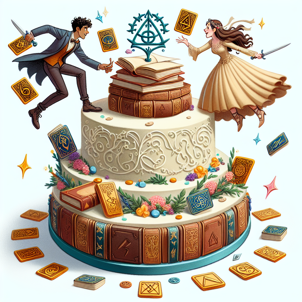 Create a whimsical illustration featuring a diverse couple playfully engaging in a duel with fantasy-themed cards atop a multi-tiered wedding cake. The cake is intricately iced to resemble ancient tomes and arcane symbols. Scattered around the cake are petite symbols of energy, styled to match the cards, adding an enchanting touch to the whimsical scene celebrating the couple's wedding anniversary.
Generated with these themes: Magic the gathering, and Wedding cake.
Made with ❤️ by AI.