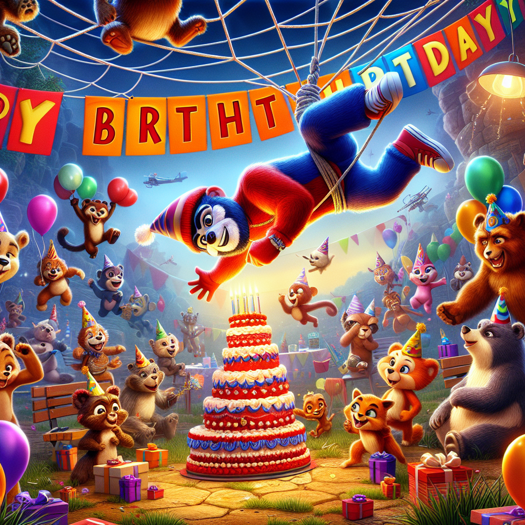 In a delightful birthday celebration, a cartoonish human figure in a red and blue costume swings into a vibrant party bustling with a cast of adorable animals. He dangles from a fake spider's web, delivering a staggering birthday cake to the animal guests, including a grinning bear with a party horn and a twirling fox donning a paper hat. This energetic scene comes alive with balloons, gifts, and a banner that proclaims 'Happy Birthday,' lending a heartwarming ambiance to the festive landscape.
Generated with these themes: Spider-Man, and Animals.
Made with ❤️ by AI.