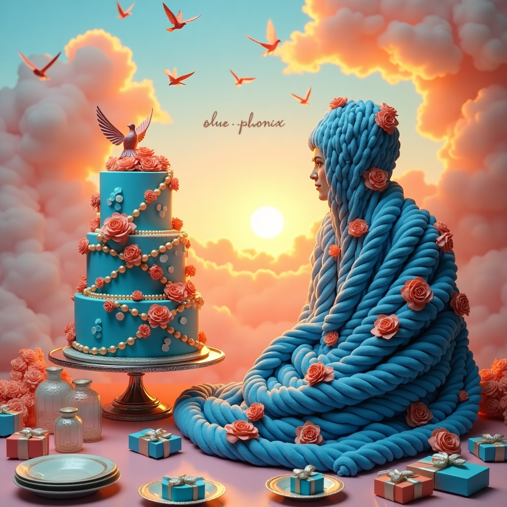 Imagine a vibrant, surreal birthday scene that combines elements of whimsy with lifelike detail. In the center, a large, elaborately decorated cake towers with layers of vivid blue and deep orange fondant, adorned with shimmering edible pearls and cascading sugar flowers. The cake sits on an ornate silver stand that reflects glints of light, suggesting a sense of grandeur.

To the right of the cake, a person is depicted in a lifelike fashion, enveloped in the intricate and artful patterns of shibari rope. The ropes are a striking deep cerulean blue, creating an elegant contrast against the person's attire—a soft, cream-colored fabric that drapes gracefully around them. The shibari ropes are meticulously detailed, showcasing intricate knots and graceful loops that capture both the complexity and beauty of the art form.

The background features an otherworldly sky, where hues of pastel pink and golden yellow blend seamlessly, reminiscent of a sunrise. Fluffy, cotton-candy clouds float gently, and amidst them, a flock of origami-style birds glide gracefully. In the top left corner of the sky, the words "Blue_Phoenix" are spelled out in skywriting, the letters composed of gentle, wispy clouds, their edges glowing with the colors of the sunrise.

In the foreground, a table is set with a collection of elegant, crystal glassware and plates, each catching and refracting light, adding a sense of opulence. Scattered around are small, beautifully wrapped gifts in shades of teal and coral, each tied with a metallic silver ribbon that sparkles subtly.

This scene, rich in surreal detail and vibrant color, invites the viewer into a world where reality and fantasy intertwine, capturing the imagination with its lifelike depiction and dreamlike ambiance.
Generated with these themes: shibari rope tying up person.
Made with ❤️ by AI.