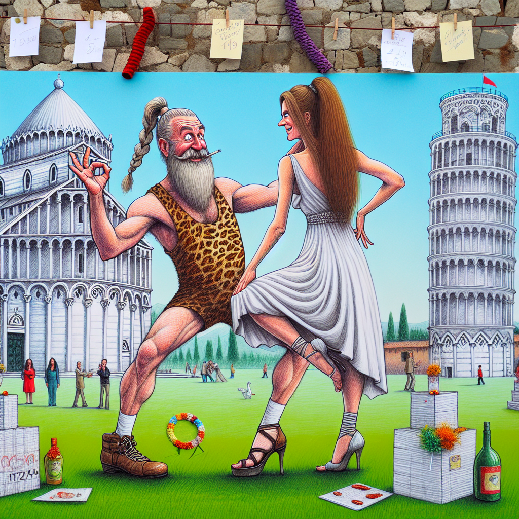 In a vivid, amusing, and cartoonish drawing, an anniversary celebration is set in a peaceful park in Italy, subtly distinguished by the sketch of the Leaning Tower of Pisa in the backdrop. Dominating the center of the scene, a jolly Caucasian man of English descent, marked by his unique beard and ponytail, is humorously trying his hand at yoga poses. Around the park, decorations formed out of recyclable materials contribute a whimsical touch. His companion, an elegant Caucasian woman, also of English descent, possesses long brown hair, and stands clad in high heels and a billowing dress. She tries to mirror his pose and in doing so, becomes a comic element of their unique anniversary celebration.
Generated with these themes: Yoga, Recycling, Italy, English man with beard and ponytail, and English white woman with long brown hair and wearing high heels and dress.
Made with ❤️ by AI.