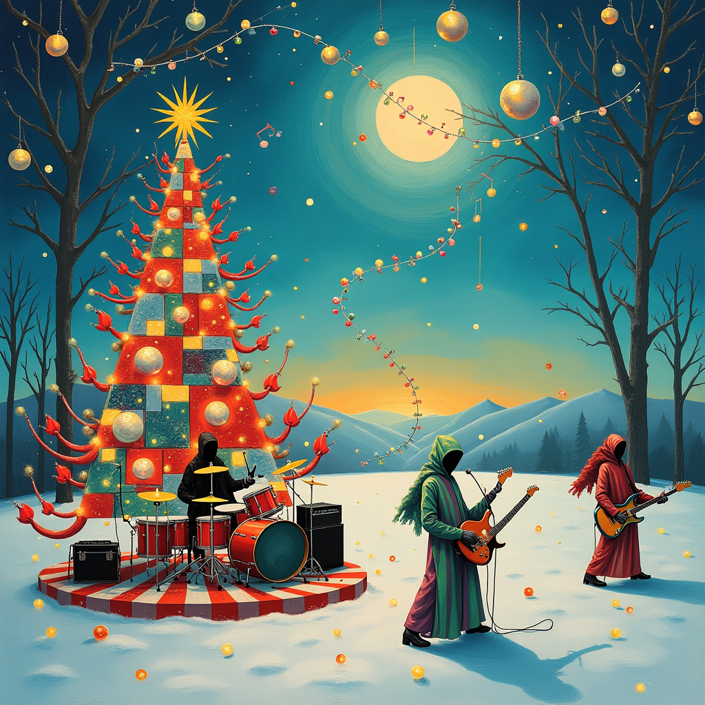 The front cover of this surreal abstract Christmas card features a whimsical, dreamlike rock band performance set in a kaleidoscopic winter wonderland. Imagine a floating stage that spirals upwards, crafted from geometric shapes reminiscent of Mondrian's grids, with each plane painted in vibrant reds, greens, and whites. At the center, a translucent drum set shimmers with hues of icy blue and silver, each beat visually echoing like Pollock's drips across the sky.

A lead guitarist, cloaked in a robe of starry night blues and golds, stands at the forefront. His guitar morphs into a tree trunk, its branches forming a melody of twisting lights—both colorful Christmas lights and glowing musical notes dance among the branches like Miro's playful forms. Nearby, the bassist's instrument dissolves into blocks of pure Rothko-esque color, where each pluck sends ripples of energy that pulse through the air as rhythmic, abstract waves.

Above, the sky is a tapestry of swirling Rothko-inspired color fields, intersected by Kandinsky-like arcs and lines that suggest swirling snowflakes and staves of music. The backdrop is an endless horizon of a gently rolling landscape, with de Kooning-style expressive strokes of snowy peaks and swirling winds, tinged with pastel twilight hues. Scattered throughout the scene are floating ornaments shaped like Malevich's Suprematist forms, spinning and reflecting light in a continuous ballet.

A Cy Twombly-esque scribble of gold glitter trails across the scene like a comet, culminating in a festive star bursting open into a cascade of confetti. Each piece of confetti is a tiny abstract painting on its own, with patterns and shapes that nod to Richter’s complex layers. Agnes Martin's influence is present in the ethereal grid of softly glowing, hand-drawn lines that overlay the entire image, like an invisible framework binding this vibrant, surreal spectacle together.
Generated with these themes: rock band.
Made with ❤️ by AI.