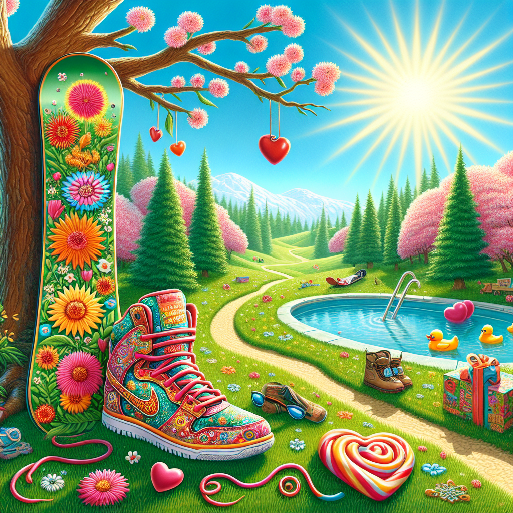 Picture a meadow kissed by the bright, welcoming sun, bustling with the heartwarming energies of Mother's Day. Centered along a winding path is a pair of vibrant athletic shoes, adorned with floral designs suggestive of renewal and life. Positioned along the path is a snowboard embellished with thoughtful messages dedicated to mothers everywhere, casually leaned against a blooming tree. Underneath the tree, a playful piece of Curly Wurly candy artfully unfolds, its spirals emulating the tree branches' curves. The overhanging sun casts a warm, nurturing light over the scene, and beyond, a pristine swimming pool mirrors the vibrant day, garnished with floating, playful rubber duckies and heart-shaped inflatable pool toys.
Generated with these themes: Trainers, Curley wurly, Snowboarding, Sunshine, and Swimming.
Made with ❤️ by AI.