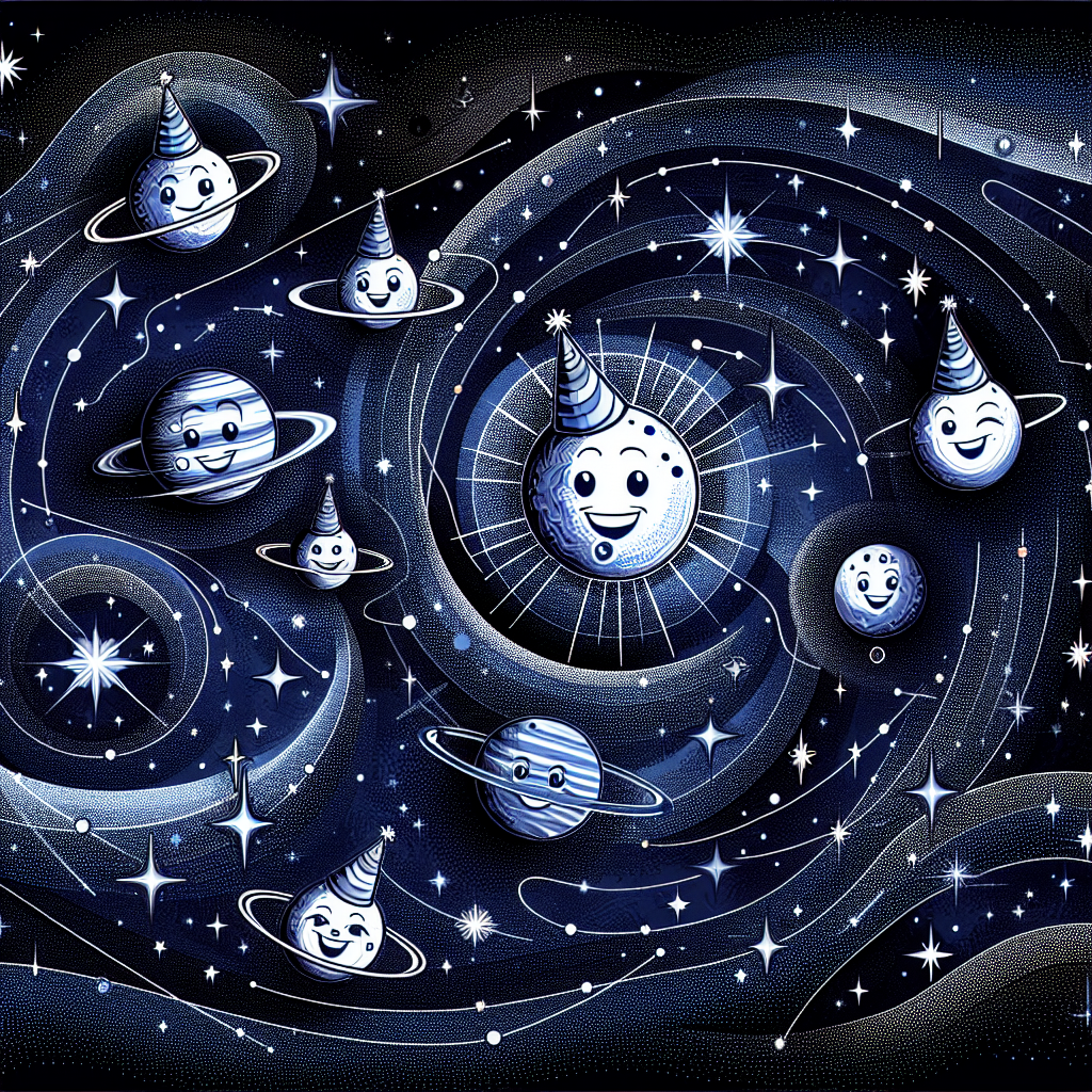 Create an image of a lively abstract scene set against a deep indigo background. In the scene, planets are exhibiting cartoonish faces and wearing party hats while participating in delightful orbits as if they are in a jubilant dance. Silver constellations consisting of stars are scattered all around. The patterns formed by these stars subtly resemble traditional birthday symbols such as cakes and streamers. The overall radiance of the starlight adds a touch of magic to the design, generating an enchanting atmosphere that echoes the happiness and enigma of a birthday celebration.
Generated with these themes: Planets, and Star constellations.
Made with ❤️ by AI.