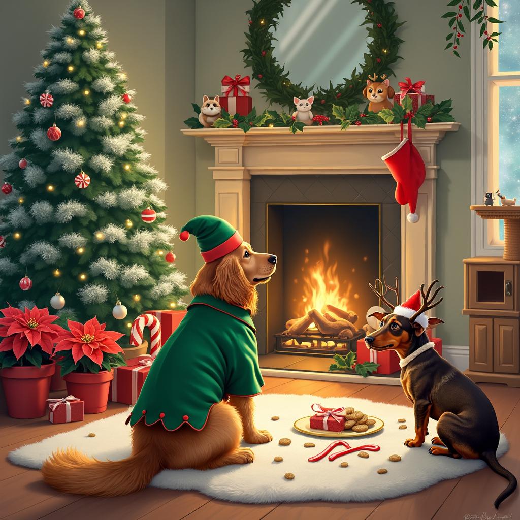The scene is set in a living room decked out for Christmas, with a realistic twist. In the foreground, a golden retriever clad in a green elf-inspired dog coat, complete with a small hat, is wagging its tail next to a frosted Christmas tree. The tree is adorned with twinkling white lights, candy cane bones, and catnip-filled baubles. Beneath the tree, well-tended poinsettia plants in festive red pots surround a pile of wrapped gifts, one of which has comically been unwrapped by a tabby cat. The cat is wearing a Santa hat slightly askew and is playing with a ribbon from the package. On the mantel above the fireplace, a set of small dog and cat figurines are interspersed with holly leaves and berries. A joyful dachshund, dressed in a reindeer costume with tiny antlers, is sitting on a plush rug, eyeing the cookies on a plate left out for Santa. Sprigs of mistletoe hang from the ceiling, and in the corner, a cat tree has been decorated with miniature lights and dangling toy mice.
Generated with these themes: Plants, Dogs, and Cats.
Made with ❤️ by AI.