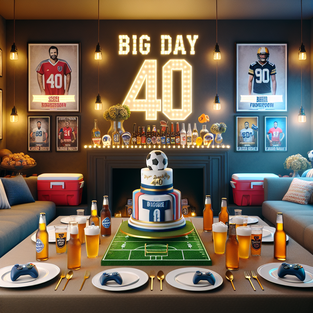 Visualize a warmly designed living room celebrating a 40th birthday party. The room's theme combines sporting interests into a harmonious atmosphere. The walls are adorned with alternating posters of unseen yet renowned soccer and American football athletes, creating an ambiance of sports excellence. Each table features napkin holders shaped like game controllers and small coolers filled with a variety of beers. A non-alcoholic drink station is set up with a sign reading 'Game Day Draft.' Soft LED lights illuminate the room in coordinated team hues. In the center, a two-tiered cake stands out, with the bottom layer depicting a soccer team's jersey and the top shaped like an American football helmet. The phrase 'Big 40' is beautifully piped on the cake's side.
Generated with these themes: Gavin 40th, Man United , X box, Beer, and Philadelphia Eagles.
Made with ❤️ by AI.