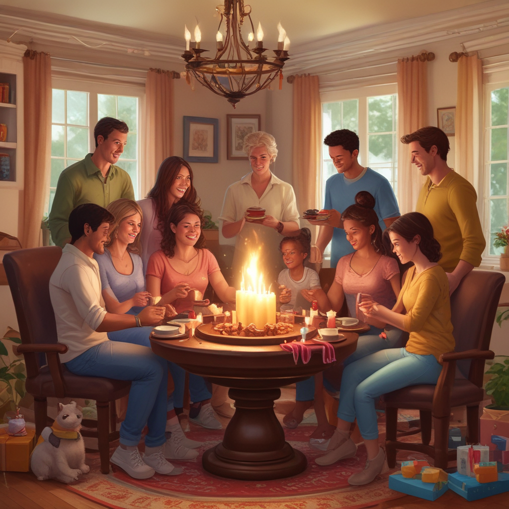 Realistic Cute, Envision a warmly lit and inviting living room, filled with a sense of unity and warmth, where a family of diverse descent and genders engage in the joyful celebration of a birthday. The comfortable chatter and buzz of friendly conversations lend to the overall charming and slightly magical atmosphere. In the middle of this scene is a tantalizing chocolate fondue fountain surrounded by a variety of fruits and marshmallows ready for a cocoa bath. Friendly plush dogs with shiny-eyed expressions accessorized with neat ribbons are part of this festive ambiance. On top of a table, finely made homemade sweets become the highlights - signs of a family's shared love for cooking and baking. The overall merriment and sweetness of the occasion reach every corner of the room.
Generated with these themes: Dogs, Chocolate , Sweets, and Family.
Made with ❤️ by AI.