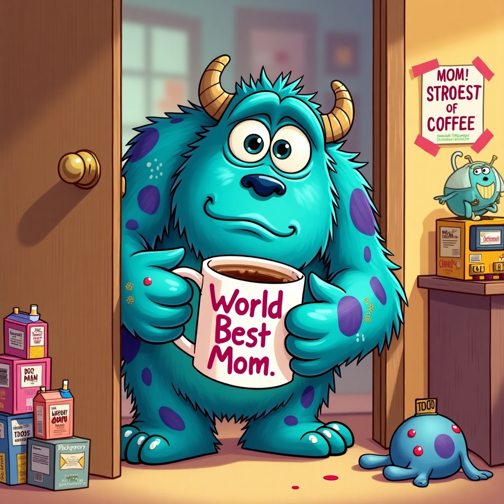**At the top of the illustration image:** "Happy Mother’s Day, Mom – You’re Scarier (in a Good Way) Than Sully Without Coffee!"

**Image Prompt:**  
A funny, whimsical illustration featuring Sully from Monsters, Inc. peeking nervously around a doorway, holding a giant “World’s Best Mom” mug with both hands. He's covered in crayon drawings, stickers, and sparkly tiaras, clearly the result of a “Boo-style” makeover gone wild. Boo isn’t in the image, but the chaos she's left behind is — juice boxes tipped over, plush toys stacked in a “tower of terror,” and a “Mom’s Time-Out” sign taped to Sully’s back. The setting is a messy but playful kid’s bedroom bursting with energy, and Sully looks like he’s been through the cutest war zone.

Style: Bold, colorful, Pixar-like cartoon illustration with exaggerated expressions for maximum humor.
Generated with these themes: Sully from monsters inc, and Boo from monsters inc.
Made with ❤️ by AI.
