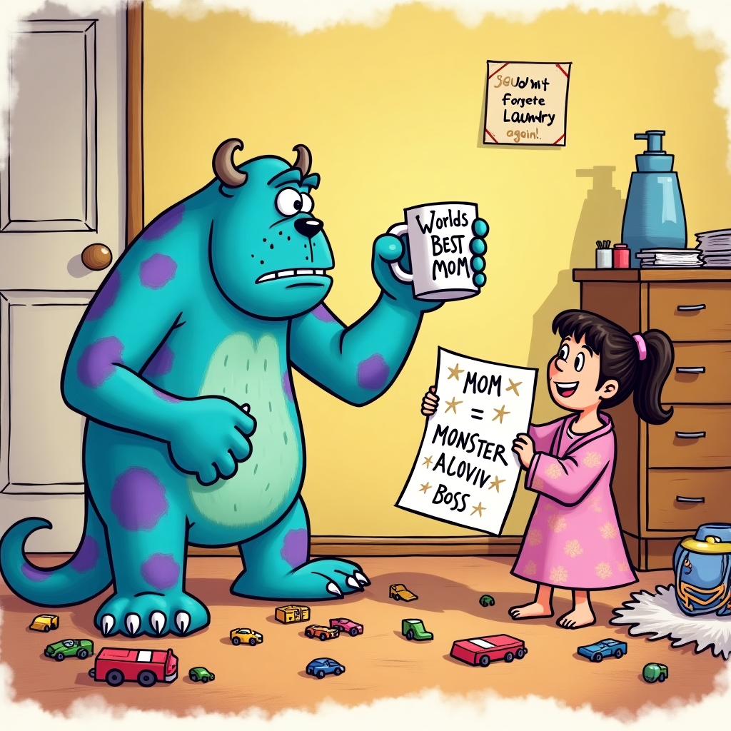 At the top of the illustration image, “Happy Mother's Day, Mom—you’re scarier without your morning coffee than Sully on a bad fur day!”

**Prompt for Illustration:**

Create a whimsical, colorful cartoon-style scene set inside a messy kid's bedroom. Sully from Monsters, Inc. is tiptoeing nervously through a trail of scattered toys, cautiously holding a giant "World’s Best Mom" mug like it’s a peace offering. Boo, in her iconic pink nightshirt, stands off to the side holding a crayon drawing that reads “Mom = Monster Boss” with stars and glitter all over it. On the wall behind them is a sticky note that says "Don’t forget the laundry... again!" to add to the humor. The mood is funny and lighthearted, with exaggerated cartoon expressions – Sully looking nervous and Boo grinning mischievously. No actual mother appears in the scene, but her commanding presence is clearly implied by the monsters’ respectful fear and tribute.
Generated with these themes: Sully from monsters inc, and Boo from monsters inc.
Made with ❤️ by AI.