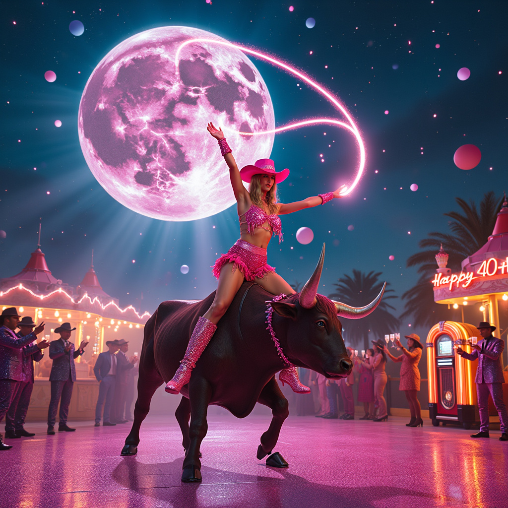 The scene opens on a vibrant, cosmic rodeo where the night sky is painted in hues of indigo and twilight blue, glittered with countless twinkling stars and floating, whimsical pink sparkles. At the center of this surreal rodeo, a massive glitterball, shimmering with an array of colors, hangs like a moon, casting iridescent beams of light across the scene. Below, on a polished, shimmering dance floor that seems to be made of pink quartz, stands a majestic mechanical bull with silver-plated horns, poised for a thrilling ride.

Perched atop the mechanical bull is Taylor Swift, dressed as a glamorous cowgirl in a dazzling outfit that combines classic Western gear with pop star glitz. Her cowgirl hat is encrusted with glittering pink gemstones, matching her sequined, fringed vest and high-waisted shorts. Her boots are knee-high, pink leather with rhinestone-studded spurs that catch the light. Taylor holds onto the bull with one hand, while in the other, she wields a radiant lasso made of light, swirling in the air and creating arcs of sparkling magic.

Around Taylor, guests dressed in 1980s-themed attire, complete with neon leg warmers and oversized shoulder pads, cheer and clap. Each of them holds a flute of champagne, the bubbly liquid sparkling with hints of pink. On a nearby stage, a neon sign flickers, reading "Happy 40th Birthday" in vibrant, glowing letters, surrounded by balloons and streamers of all shades of pink and gold.

In one corner of the scene, a retro jukebox spins, belting out a medley of Taylor Swift's greatest hits, while an enormous birthday cake shaped like a glitterball sits on a long, decorated table. The cake is multi-tiered, covered in metallic icing that mirrors the glitterball's surface, and topped with a cowgirl hat made of fondant, complete with a lasso.

Nearby, a pair of dancers dressed as glitterball-themed cowboys spin in unison, their mirrored suits reflecting the kaleidoscopic light, creating a mesmerizing, almost hypnotic effect. The scene is a fantastical fusion of Western rodeo charm and pop star glamour, bursting with the celebratory spirit of a 40th birthday bash that is utterly unique and delightfully surreal.
Generated with these themes: 40th birthday , Pink sparkles , Glitterball , Taylor swift, and Cowgirl.
Made with ❤️ by AI.