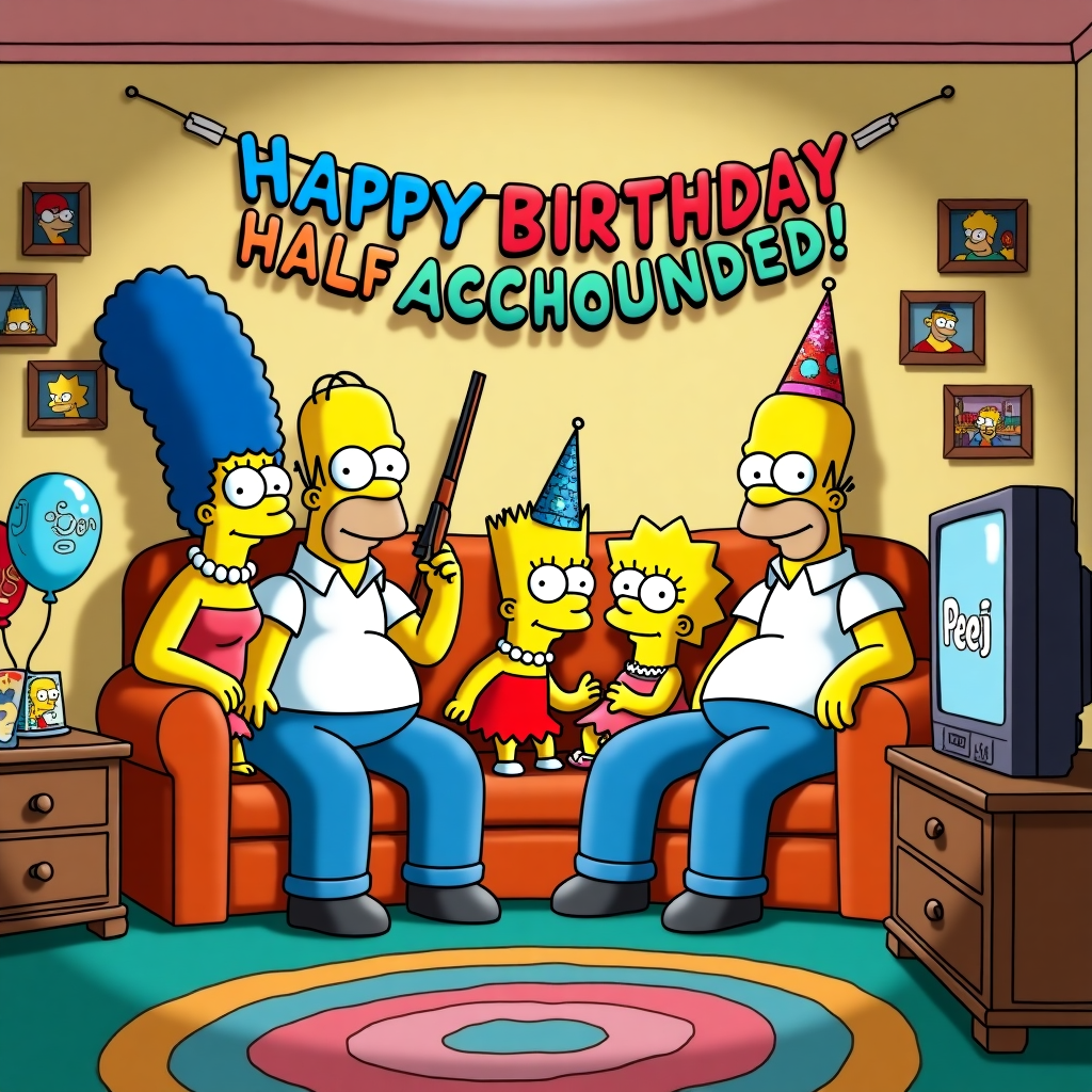 In a quirky, vibrantly illustrated scene, the iconic Simpsons family is nestled comfortably on their infamous orange couch, decked out in festive birthday hats that mirror their unique personalities—Homer's hat slightly askew, Marge's hat rising high with her towering blue hair, Bart's hat with a slingshot tucked into it, Lisa's neat and centered, and Maggie's hat with a pacifier motif. Above them, a whimsically colorful birthday banner stretches across the living room, reading "Happy Birthday Peej!" in bold, comic-style lettering, reminiscent of the typography found in classic cartoons. The walls are adorned with sporadic photo frames, showcasing zany family moments in the typical Simpsons' animated style. In the foreground, the television screen is brightly lit, displaying the curious title 'Half Acquainted' in playful, bubble letters. Around the TV, a couple of birthday balloons float lazily, tied to the wooden television stand, each featuring a doodled image of one of the Simpsons' faces. The entire scene is captured with exaggerated perspectives and crisp lines, akin to the styles of Schulz or Watterson, with a touch of Tezuka's dynamic movement. To further immerse the viewer, a small plush figure of Astro Boy sits on the armrest of the couch, as a subtle nod to the inspirations. The details on the carpet below—its circular pattern of abstract swirls—create a visual rhythm that guides the eye back to the heart of the scene: the family and the jubilant birthday wishes for Peej.
Generated with these themes: The Simpsons on the classic sofa watching television, a birthday banner across the room saying Happy Birthday Peej! On the television screen it says 'Half Acquainted'.
Made with ❤️ by AI.