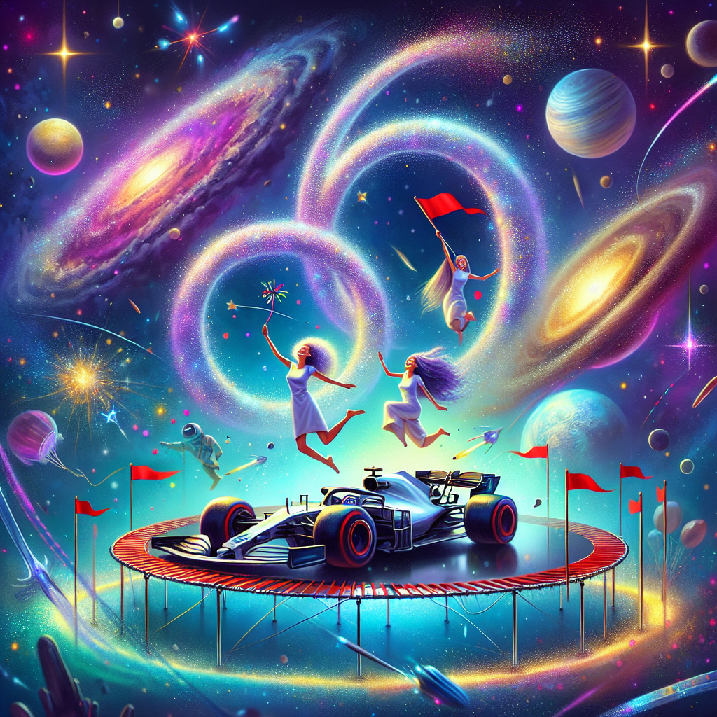 Create a fanciful 60th birthday illustration capturing the theme of interstellar space. Hues of galaxies, radiant planets and flickering stars form the backdrop. At the forefront, a Formula 1 racing car, symbolizing the adrenaline rush of speed, spirals around a vast '60' in the zero-gravity environment. Instead of specific copyrighted characters, include three distinct humanoid individuals (two females - one South Asian and one Middle-Eastern, and one Caucasian male), all exuding joy as they bounce energetically on a cosmic trampoline, waving celebratory flags in the vacuum of space.
Generated with these themes: 60th Birthday, Space, Formula 1, Hitchhikers Guide to the Galaxy, and Trampolining.
Made with ❤️ by AI.