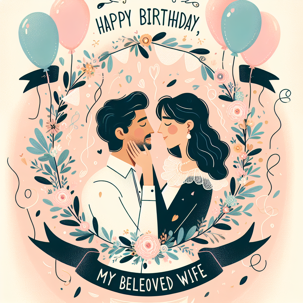 Create a charming vector birthday card with the theme of love and companionship that is perfect for a wife's special day. The design should include a whimsical pastel-colored background, floating balloons, and delicate confetti. Place an illustration of a Hispanic male and a Black female couple embracing each other in the center, surrounded by a wreath of flowers, signifying perpetual love. The text 'Happy Birthday, My Beloved Wife' should be elegantly scripted across the top, leaving space below for a personalized message.
Generated with these themes: Wife .
Made with ❤️ by AI.
