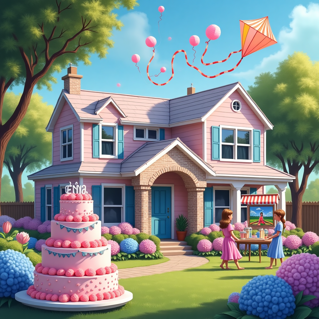 The scene unfolds in a whimsical preppy pink and blue house, with its façade gleaming in pastel hues under a crisp blue sky. The exterior is adorned with charming white shutters and a navy blue front door that invites curiosity. Large bay windows are bordered by fluffy hydrangea bushes, their blossoms echoing the house’s color scheme. In the foreground, an intricately decorated birthday cake stands proudly on a small outdoor table, its tiers frosting-draped in swirls of pastel pink and blue, topped with tiny edible daisies and a shimmering "Happy Birthday Tina!" banner arcing from one side to the other, crafted from silver letters on delicate pink and blue paper flags. 

Inside the house, visible through the large windows, the party is in full swing. Brightly colored balloons hover near the ceiling, and streamers cascade down from them, twisting in mid-air like frozen ribbons. The living room boasts a grand fireplace, over which hangs a bespoke painting—a surreal depiction of Tina herself, portrayed as a queen sitting atop a candy throne, wearing a crown made of tiny pink macarons. Nearby, a vintage record player spins a vinyl record, its cover propped up to display a fantastical landscape where Tina’s name is spelled out in clouds over a pink and blue countryside.

The garden stretches out behind the house, where a large tree stands, its branches bedecked with twinkling fairy lights and oversized paper lanterns. A small group of Tina's friends are gathered around a charming, pastel-colored lemonade stand, giggling as they sip their drinks through striped straws. Above them, a colorful kite flies high, its long tail weaving through the sky, trailing behind it a ribbon that spells "Tina" in looping, graceful script. 

Every detail of the scene whispers the story of a birthday party woven with magic and imagination, with Tina as the sparkling centerpiece of this picturesque celebration.
Generated with these themes: In a preppy pink and blue house.
Made with ❤️ by AI.