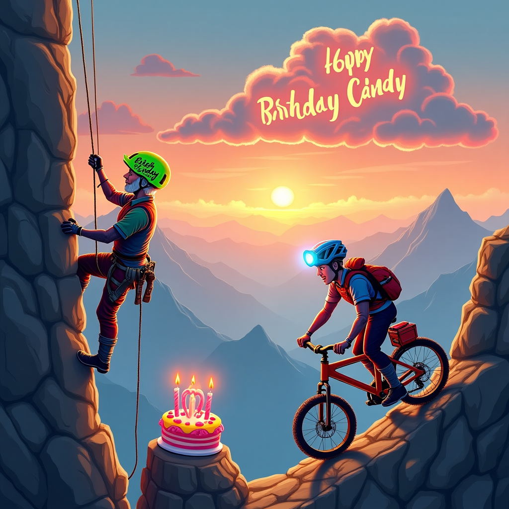 Picture a vibrant and bustling scene set in a stunning mountain landscape at sunrise, where the sky is painted in shades of orange and pink. On a rocky outcrop to the left, a silver-haired ROCK CLIMBER, Andy, is mid-ascent. He's wearing a neon green helmet with "Happy 60th Birthday, Andy!" emblazoned on it in bold black letters. His climbing gear is colorfully adorned with multi-purpose HANDYMAN GADGETS, such as a wrench and screwdriver, hanging alongside his climbing ropes, adding a playful twist to his toolkit. On the right, a CYCLIST is riding a bicycle crafted to look like a workbench on wheels, complete with a mini toolbox and a set of allen keys as handlebars. The cyclist, a friend of Andy, is playfully pedaling up a steep trail, sporting a bright blue HEADTORCH that illuminates the path with a beam of light forming a subtle "60" as it dances across the landscape. In the sky above, fluffy clouds are cleverly arranged to spell out "Happy Birthday, Andy," the letters gently shaped by the mountain breeze. The base of the scene features a colorful birthday cake perched on a boulder, topped with candles in the shape of a bike and a climbing rope, adding a whimsical touch to this unique celebration. This dynamic and humorous scene beautifully encapsulates Andy's adventurous spirit and love for the outdoors on his special milestone birthday.
Generated with these themes: 60th Birthday, CYCLIST, ROCK CLIMBER, Handyman gadgets, and HEADTORCH.
Made with ❤️ by AI.
