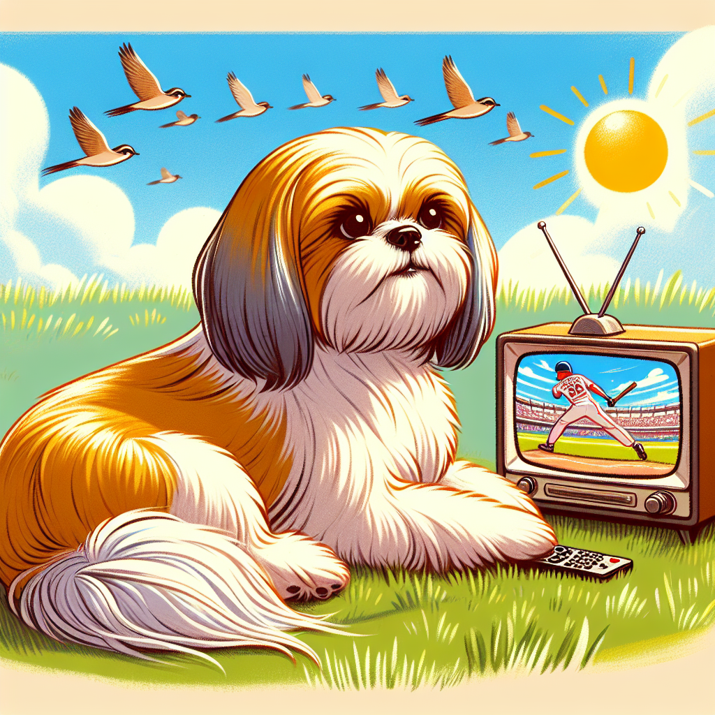 Create a heartwarming illustration for Father's day, absent of any human depictions. The main character is a Shih Tzu dog with golden and white fur, relaxing contentedly on a sunny patch of grass. The dog's eyes are focused on a flock of birds in the distance, suggesting a keen interest in bird watching. Next to the dog, place a small vintage television set. On its screen, a dynamic sports event is unfolding, bringing a touch of vibrancy to the otherwise peaceful scene.
Generated with these themes: Gold and white shih tzu  , Sunbathing , Bird watching , and Sports tv.
Made with ❤️ by AI.