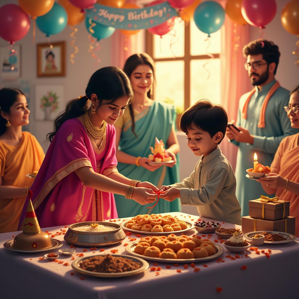 In a vibrant living room adorned with festive balloons and streamers, an Indian girl in a traditional bright fuscia pink salwar kameez, featuring intricate gold embroidery, is joyfully tying a colorful, ornate rakhi on her brother's wrist. He, grinning from ear to ear, is dressed in a kurta. The table in the center is draped with a paisley-patterned tablecloth, overflowing with an enticing assortment of Indian sweets like gulab jamun, jalebi, kaju katli, and ladoo, some cleverly arranged to spell out 'Happy Birthday.' Silver thalis and small bowls filled with rice and kumkum are set up for the Rakshabandhan ceremony, accompanied by scattered marigold petals and a few gifts wrapped in bright silk fabrics.

The proud parents look on with smiles, the mother capturing the moment with her camera. Nearby, the grandparents stand present, with the grandmother holding a plate of aarti, ready to bless the siblings. Adding to the festive atmosphere, a banner in the background reads 'Happy Rakshabandhan & Birthday!' adorned with illustrations of fireworks. A corner stands a small statue of Lord Ganesha, surrounded by lit diyas, adding an auspicious touch, while a wall showcases family photos recalling past Rakshabandhan celebrations. As a charming extra touch, a cute puppy wearing a tiny party hat playfully nibbles on the ribbon of a nearby gift box, enhancing the warmth of the occasion.

Generated with these themes: Indian girl celebrating with table full of sweets, Rakshabandhan with her brother and family, Happy Rakshabandhan.  
Made with ❤️ by AI.