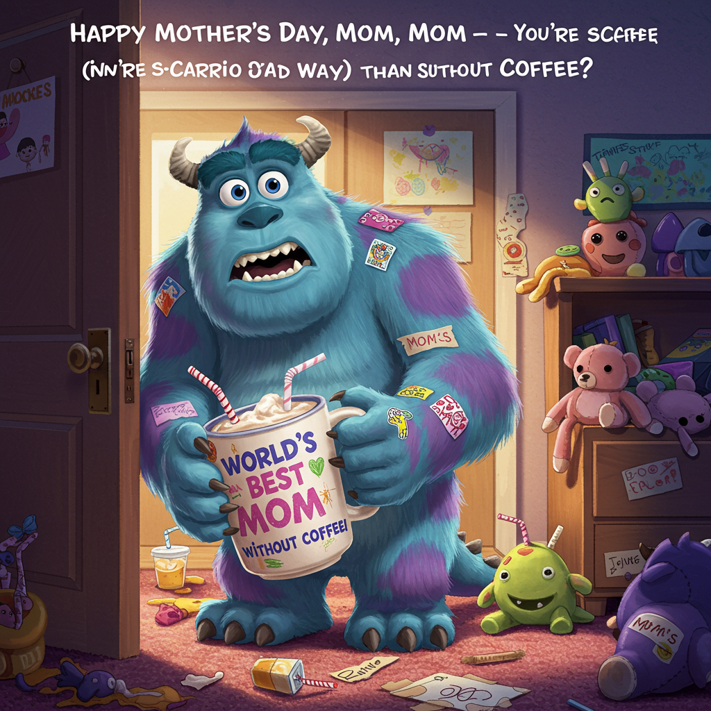 **At the top of the illustration image:** "Happy Mother’s Day, Mom – You’re Scarier (in a Good Way) Than Sully Without Coffee!"

**Image Prompt:**  
A funny, whimsical illustration featuring Sully from Monsters, Inc. peeking nervously around a doorway, holding a giant “World’s Best Mom” mug with both hands. He's covered in crayon drawings, stickers, and sparkly tiaras, clearly the result of a “Boo-style” makeover gone wild. Boo isn’t in the image, but the chaos she's left behind is — juice boxes tipped over, plush toys stacked in a “tower of terror,” and a “Mom’s Time-Out” sign taped to Sully’s back. The setting is a messy but playful kid’s bedroom bursting with energy, and Sully looks like he’s been through the cutest war zone.

Style: Bold, colorful, Pixar-like cartoon illustration with exaggerated expressions for maximum humor.
Generated with these themes: Sully from monsters inc, and Boo from monsters inc.
Made with ❤️ by AI.