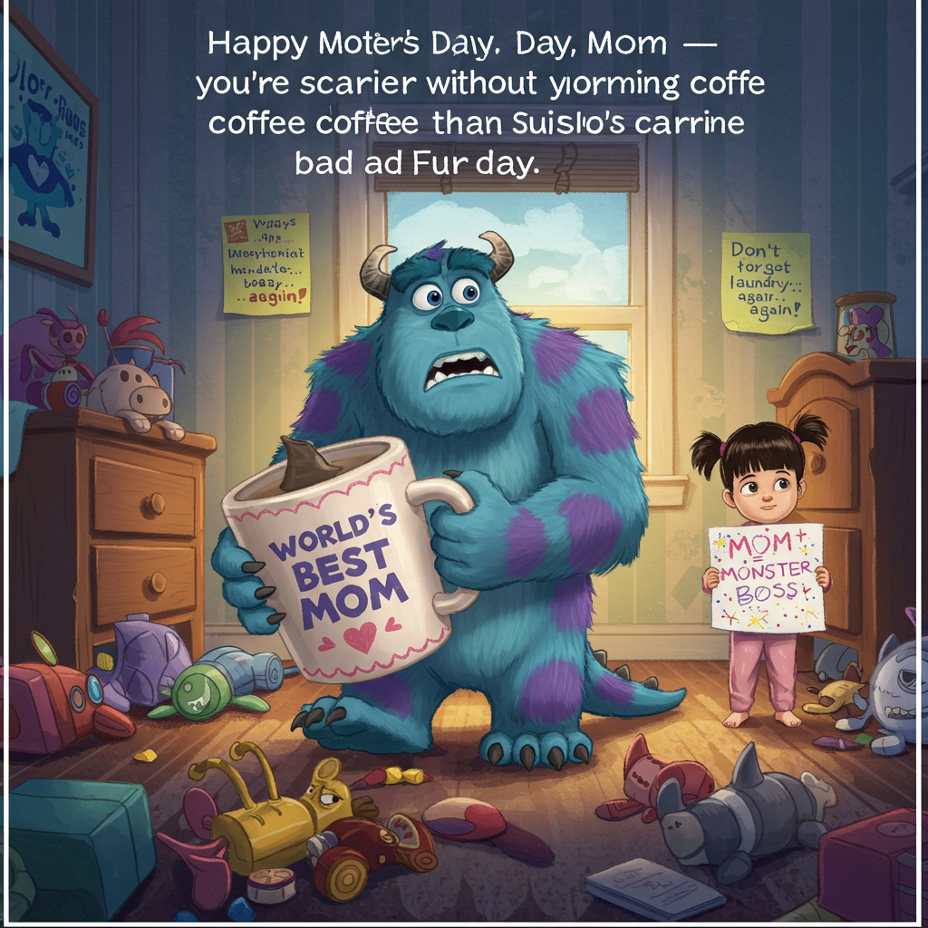At the top of the illustration image, “Happy Mother's Day, Mom—you’re scarier without your morning coffee than Sully on a bad fur day!”

**Prompt for Illustration:**

Create a whimsical, colorful cartoon-style scene set inside a messy kid's bedroom. Sully from Monsters, Inc. is tiptoeing nervously through a trail of scattered toys, cautiously holding a giant "World’s Best Mom" mug like it’s a peace offering. Boo, in her iconic pink nightshirt, stands off to the side holding a crayon drawing that reads “Mom = Monster Boss” with stars and glitter all over it. On the wall behind them is a sticky note that says "Don’t forget the laundry... again!" to add to the humor. The mood is funny and lighthearted, with exaggerated cartoon expressions – Sully looking nervous and Boo grinning mischievously. No actual mother appears in the scene, but her commanding presence is clearly implied by the monsters’ respectful fear and tribute.
Generated with these themes: Sully from monsters inc, and Boo from monsters inc.
Made with ❤️ by AI.