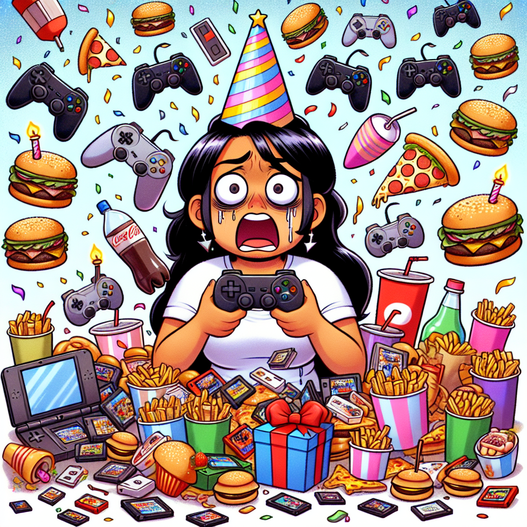 A humorous birthday illustration showing a South Asian female character looking hilariously overwhelmed by an avalanche of video game controllers, game cartridges, and a variety of fast food items such as burgers, slices of pizza, and soda cups. Each of these objects is wearing a little birthday hat, and there's a glittering confetti shower in the background. This creates a festive, playful, and gaming-themed birthday celebration.
Generated with these themes: Gaming, and Food.
Made with ❤️ by AI.