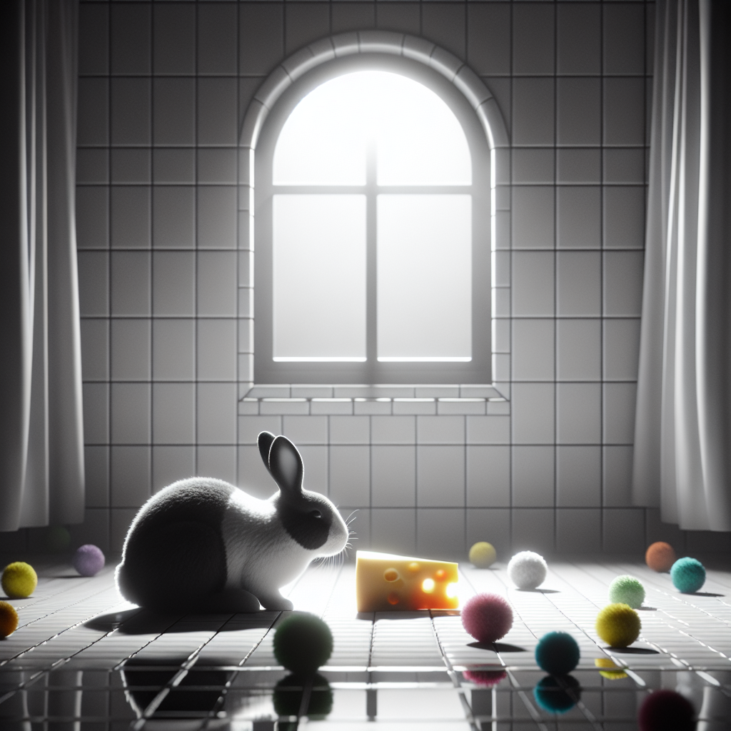 In a grayscale setting, a black and white rabbit appears to be deep in thought, resting on a patch of glistening bathroom tiles, bathed in the soft light glowing through an arched window. Every other element of the scene lacks hue, but the vivid and multi-colored pom poms scattered around the room provide a cheerful contrast. The rabbit's attention is captured by a piece of cheese mysteriously floating in the air, defying gravity in this dream-like tableau, standing as a symbol of gratitude.
Generated with these themes: Black and white rabbit , Colourful pom poms, Bathroom tiles, Arch window , and Cheese.
Made with ❤️ by AI.