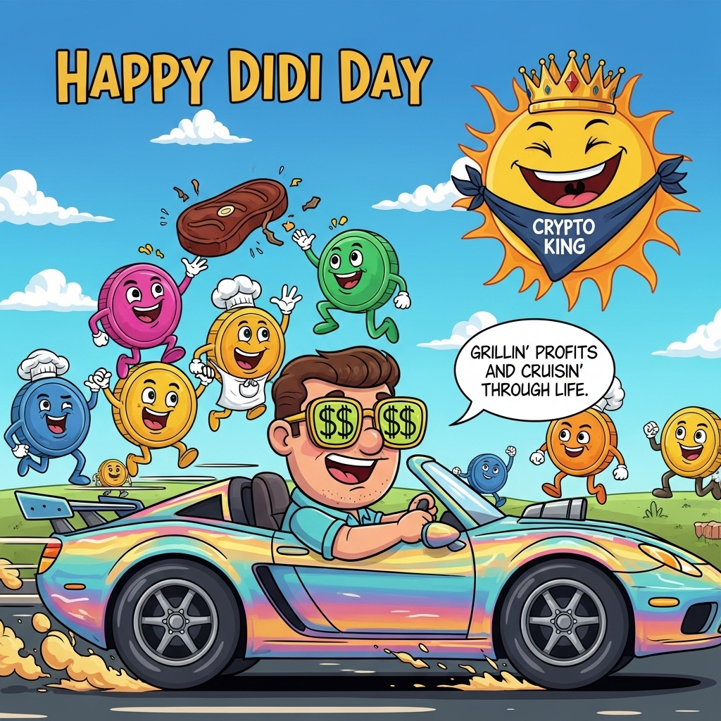 At the top of the Cartoon Style image, the text reads: **Happy Didi Day**.

---

**Image Description:**

Imagine a vibrant and playful scene in cartoon style. In the foreground, a sports car zooms by, its exaggerated, oversized wheels spinning with cartoonish speed lines trailing behind. The car is painted in flashy, iridescent colors, reminiscent of the ever-changing crypto market.

Inside the car, a cheerful, cartoon dad figure is at the wheel, wearing oversized, goofy sunglasses that reflect rows of dollar signs. His expression is one of pure joy and mischief as he grips the wheel with exaggerated, bouncy enthusiasm.

In the background, there's a whimsical landscape filled with colorful cryptocurrency coins with faces, joyfully dancing around. Each coin has cartoon limbs, and they’re tossing around a big, beefy steak as if it’s a precious prize, with one of them donning a tiny chef hat and apron.

The sky above is a brilliant, exaggerated blue with a giant, smiling sun wearing a bandana that reads “Crypto King”.

A small text bubble bursts from the car's rear, saying, "Grillin' profits and cruisin' through life!"
Generated with these themes: Car (sports car), Crypto , Beef, and .
Made with ❤️ by AI.