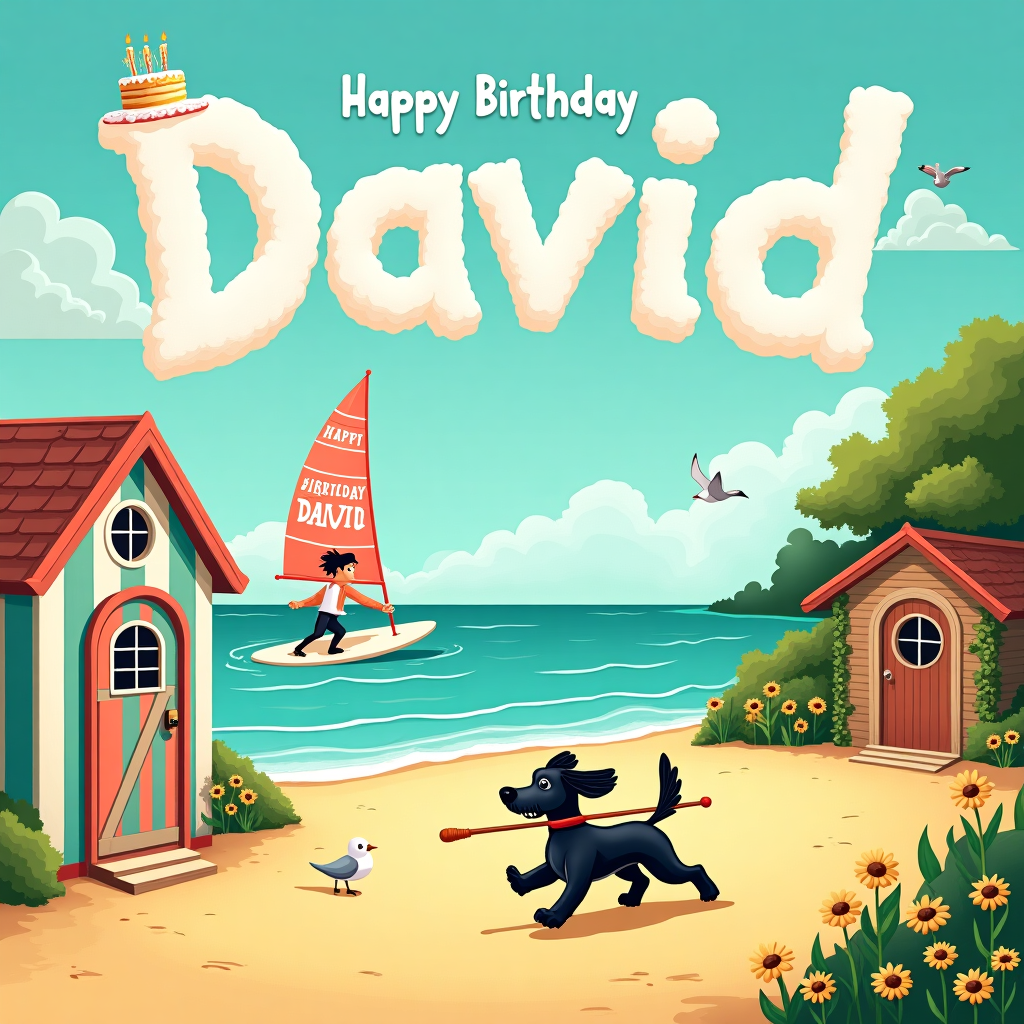 On this quirky birthday card illustration, the scene unfolds with a playful, fantastical beach-meets-garden athletic event. In the foreground, a vibrant, sandy beach stretches along the left side of the card, transitioning seamlessly into a lush garden on the right. A whimsical, slightly wonky beach hut stands proudly at the water's edge, painted in bright stripes of turquoise and coral. Next to it, a garden shed, covered in crawling ivy and sunflowers, provides a cozy contrast with its rustic wood and little round window.

In the center of the scene, a Black Cocker Spaniel, with ears flapping wildly, energetically dashes between these two structures, clutching a javelin in its mouth as if preparing for a very peculiar fetch. Above the beach, a sporty character with exaggerated muscles and a classic 1920s mustache is captured mid-spin, about to launch a shot put towards a group of bemused seagulls that have gathered to watch this odd spectacle.

To the left, a windsurfer navigates the gentle waves, but instead of a sail, a massive, outlandishly decorated birthday cake, complete with sparklers and icing, serves as the sail. The cake has “Happy Birthday David” inscribed in elegant, swirling script, the words seemingly frosting themselves onto the cake with each gust of wind.

In the sky above, fluffy clouds form the letters of David’s name, with each letter carefully shaped by mischievous cherubs wielding invisible artist’s brushes. This creates a sense of skywriting, adding an ethereal touch to the already bustling scene below. All these elements combine into a delightful birthday tableau, perfectly capturing the joyful chaos of celebrating another year of life.
Generated with these themes: Shot put, Javelin, Windsurfing, Garden Shed, Beach Hut, Black Cocker Spaniel.
Made with ❤️ by AI.