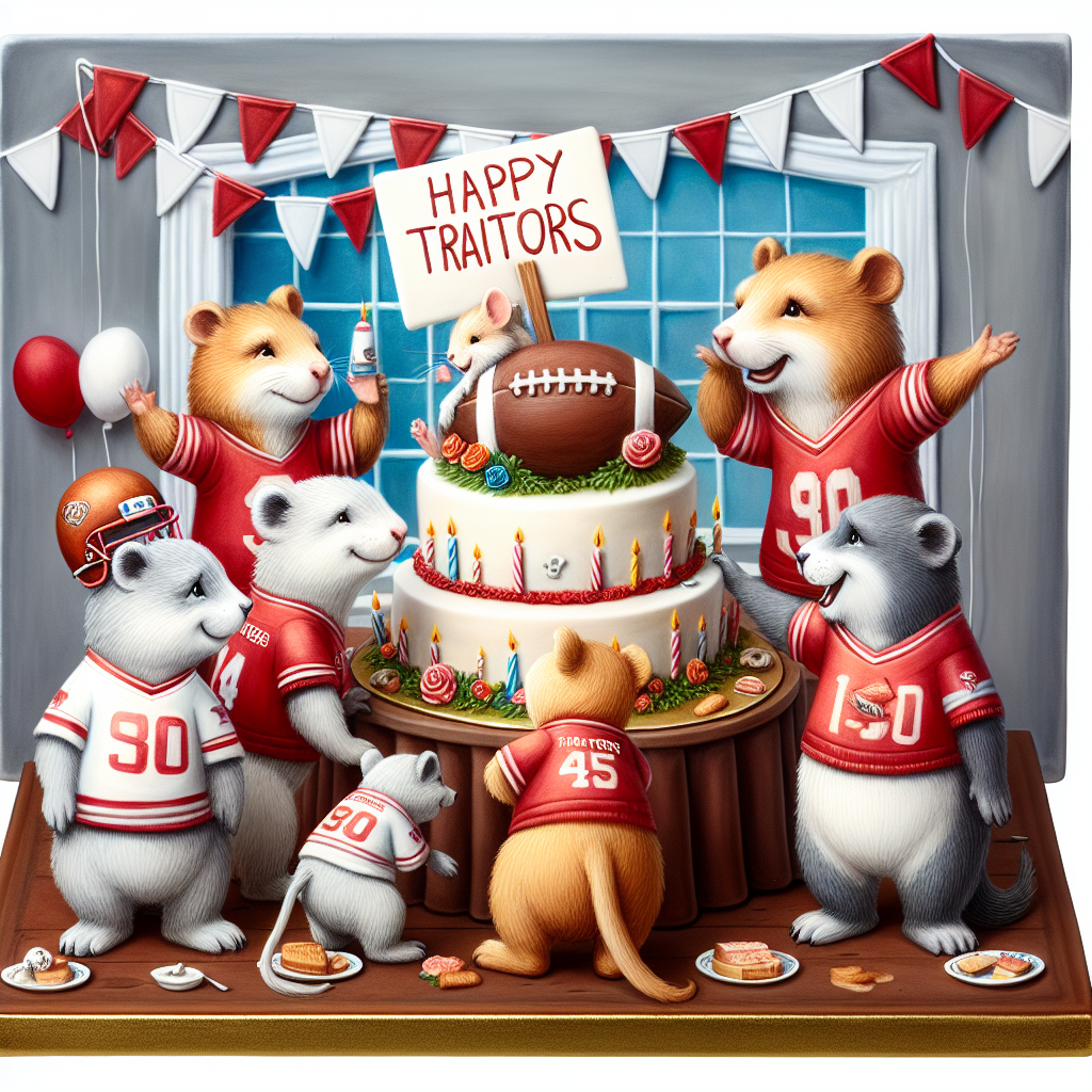 A delightful birthday party scene intertwines with a football theme, incorporating colors representing a well-known football team (red and white). A gathering of endearing animals, donning jerseys, holds up a sign labeled 'Traitors' while teasing each other playfully. Positioned in the center is a football-shaped cake, and the atmosphere is imbued with warm camaraderie and gentle humor.
Generated with these themes: Arsenal, and Traitors.
Made with ❤️ by AI.