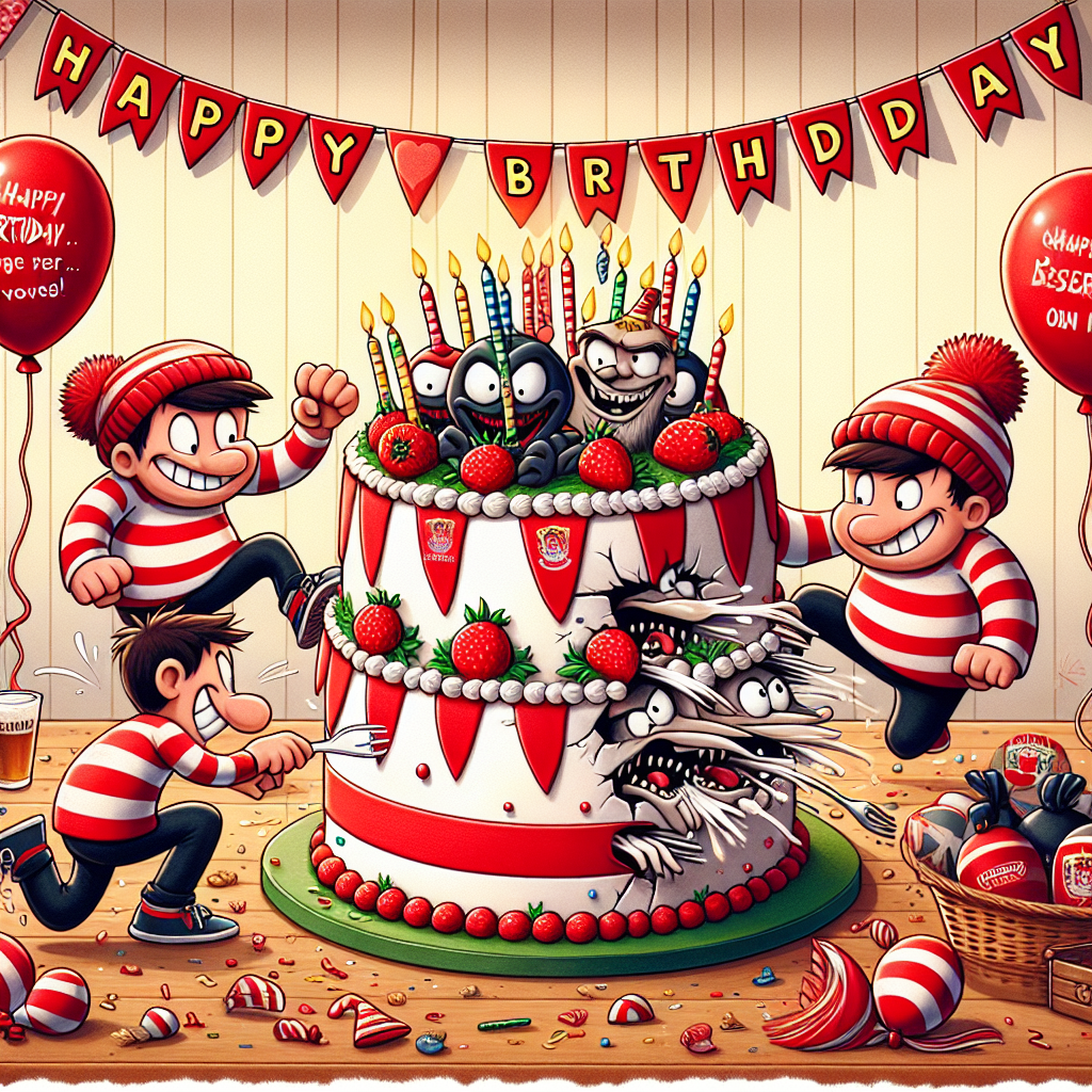 A playful birthday scene unfurls, showcasing a charming illustration with an animated birthday cake decorated in bright red and white colours, representative of a generic football fan's passion. Joyful banners and balloons float in the cheerful atmosphere. Mischievously grinning cartoon figures, labelled as 'Deserters', attempt to take stealthy bites from the frosting, adding an element of humour. Even with their shenanigans, the ambiance is one of festivity and joviality, effectively capturing a sense of fun and forgiveness on the special occasion.
Generated with these themes: Arsenal, and Traitors.
Made with ❤️ by AI.