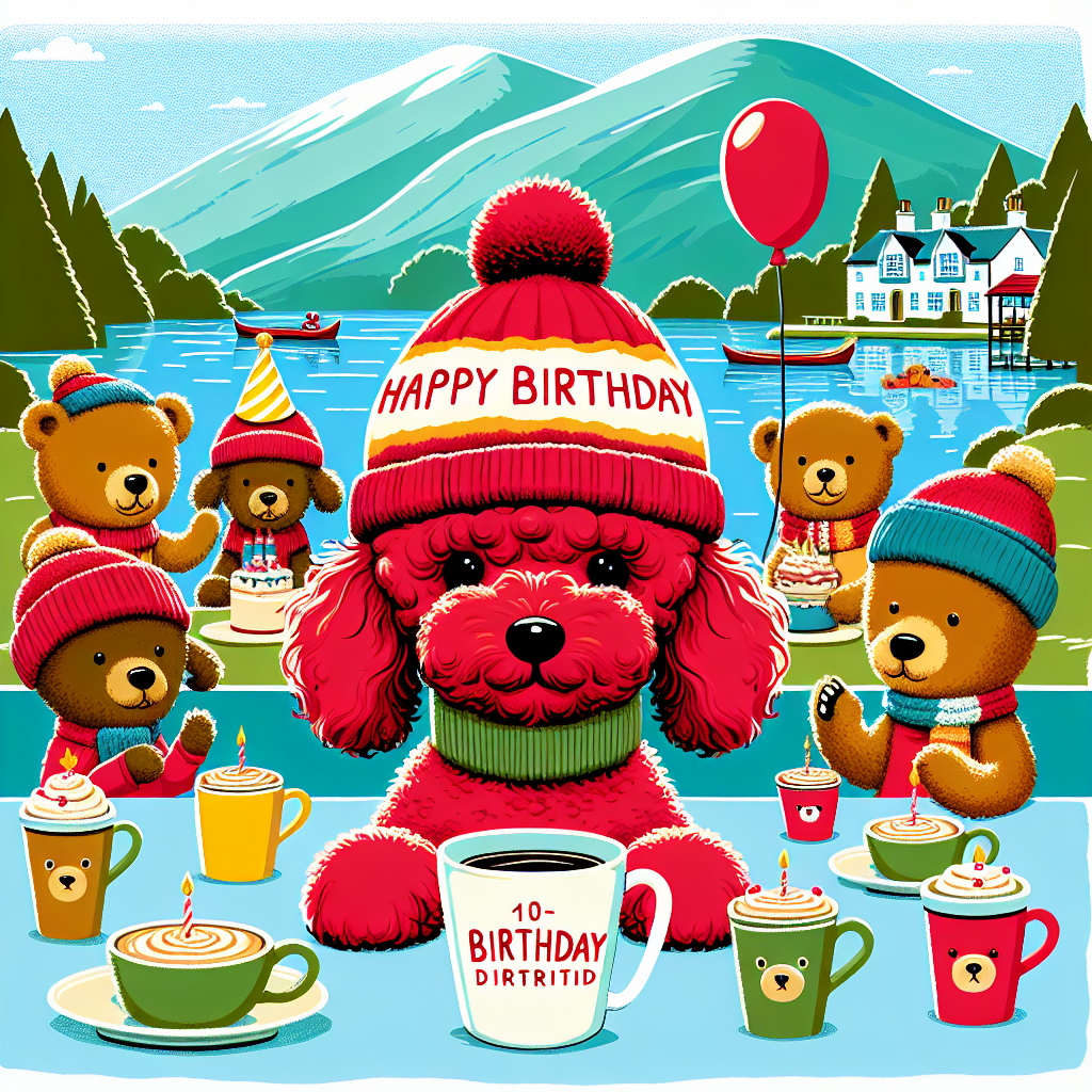 Red mini poodle , Keswick lake district, Woolly hats and jumpers, Bears, and Latte Birthday Card