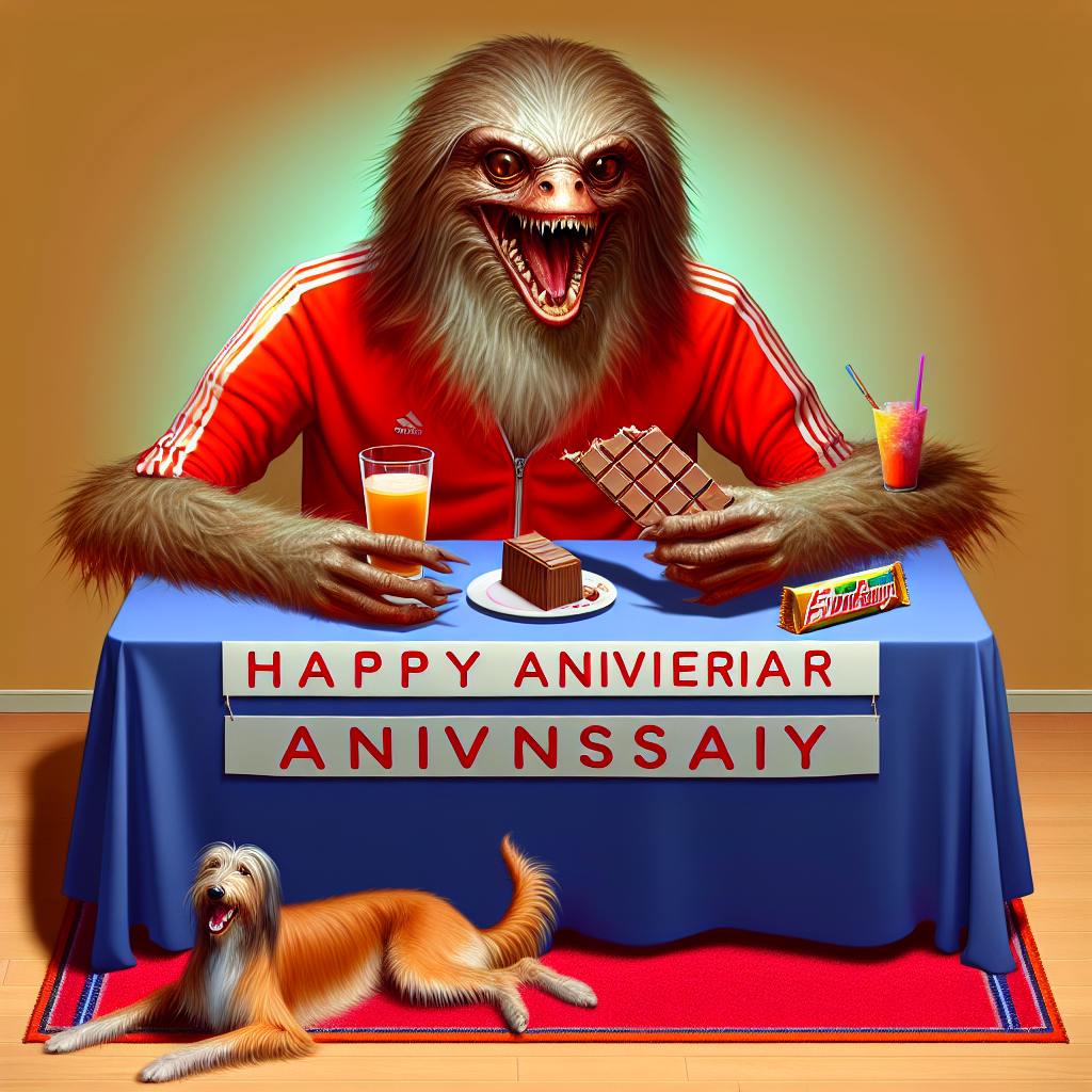 Visualize an endearing anniversary scenario that beautifully illustrates an unusual fusion of captivating realism. In the midpoint, a large, shaggy cryptid is the center of attention, adorned in a vibrant red sports jersey showing off a sporty zest in the festivity. This creature delightfully enjoys a layered chocolate bar, a grin of satisfaction spread across its face. Lying below is a quick, slender greyhound, serving as a dignified mount for the cryptid's gentle journey. The image is brimming with entertaining minutiae, illustrating a moment of cheerful merriment and eccentric allure.
Generated with these themes: Sassy the Sasquatch , In a LFC shirt, Eating KitKats, and Riding a whippet .
Made with ❤️ by AI.