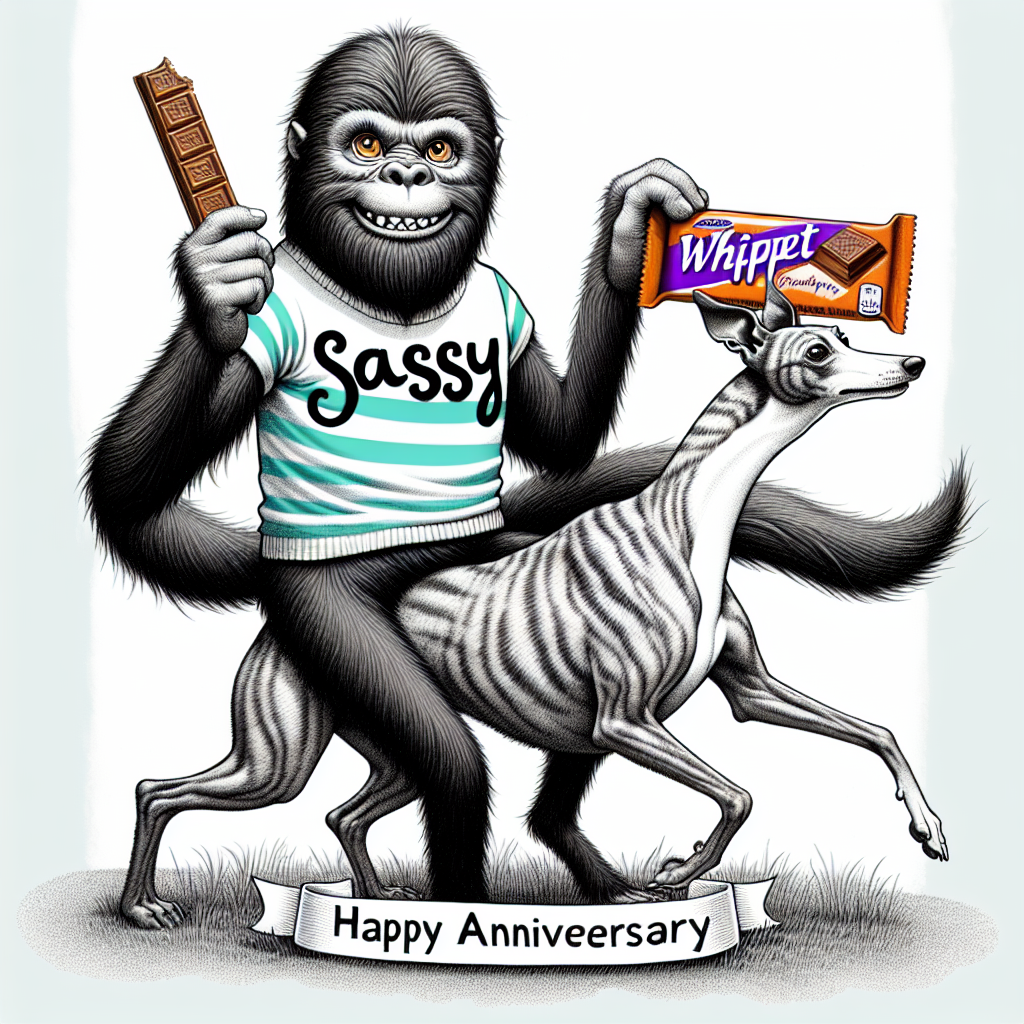 Depict a delightful anniversary scene featuring a Sasquatch being the center of attention. The Sasquatch, named Sassy, has playful, twinkling eyes and is wearing a bold, solid-colored shirt, signifying commitment and fervor. He is cheerfully eating a chocolate wafer bar, capturing the sweetness of the celebration. Adding an extra dynamic to the situation, he sits confidently atop a graceful whippet. The dog, with a gentle gallop, brings a sense of motion to the overall depiction. The image should merge the unusual with the meaningful spirit of an anniversary in a humorous yet charming manner.
Generated with these themes: Sassy the Sasquatch , In a LFC shirt, Eating KitKats, and Riding a whippet .
Made with ❤️ by AI.