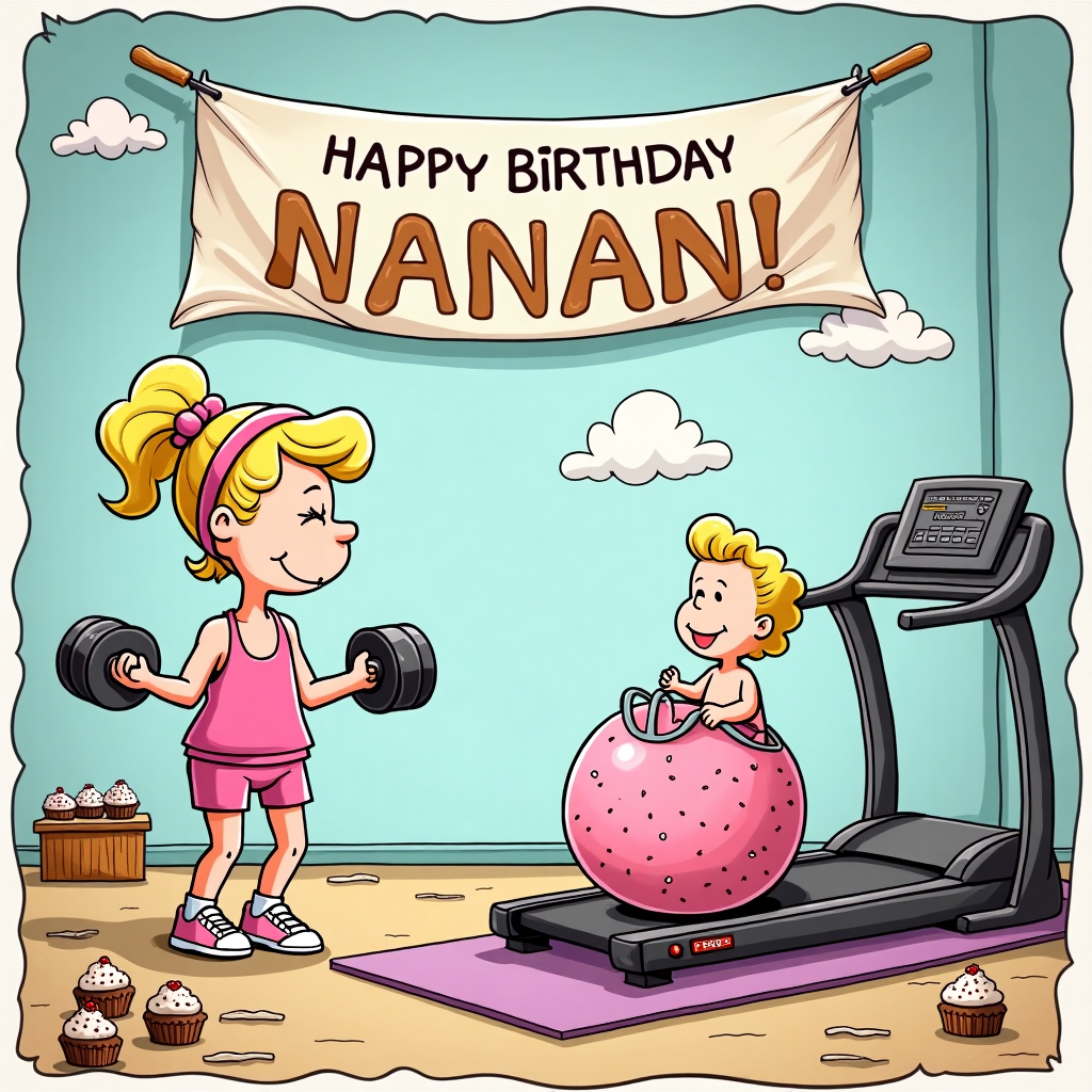 In a whimsical cartoon scene that dances between the delightful absurdity of The Far Side and the charming nostalgia of Peanuts, we find ourselves in a vibrant gymnasium that doubles as a bakery. To the left, a blonde grandma with a twinkle in her eye, sporting a pastel pink workout headband and matching gym clothes, is lifting a dumbbell shaped like a rolling pin, her other hand holding a piping bag filled with icing. She stands beside a treadmill that is hilariously adorned with a conveyor belt of cupcakes, each one perfectly frosted as they roll by. On the right, a chubby-cheeked, blonde baby girl giggles gleefully, seated on an oversized gym ball that looks suspiciously like a giant sprinkle-covered donut. Above her, a banner stretches across the scene that reads “Happy Birthday Nanan!” with the letters cleverly crafted to resemble gym equipment and baking tools; the 'N's are kettlebells, the 'A's rolling pins, and the 'Happy Birthday' appears like the steam from a baking oven. In the background, pastel-colored clouds shaped like cupcakes float dreamily, as if they too were part of the celebration. On the floor, a yoga mat doubles as a cookie sheet with playful cartoon cookies doing their best downward dog pose. The scene is framed by a border of comic book-style panels, each showing a moment of the day’s escapades, much like Calvin and Hobbes might have planned it, ensuring that the story of this hilarious birthday gym-bake is told in every glance.
Generated with these themes: Grandma blonde, Baby girl blonde, Gym, and Baking.
Made with ❤️ by AI.