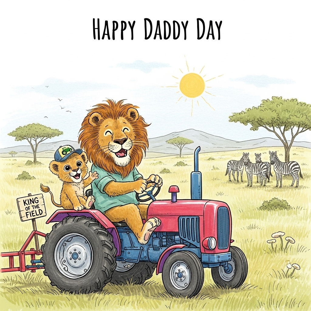 At the top of the Illustration Style image, the text reads: "Happy Daddy Day".

Image Prompt: A hand-drawn illustration featuring a whimsical scene of a father lion and his baby lion. The father lion is playfully sitting on the seat of a bright, colorful tractor, paws on the steering wheel, with a proud and jovial expression. The baby lion is seated beside him, wide-eyed with excitement, wearing a tiny cap with a tractor emblem. The backdrop is a warm and sunny savannah, with rolling hills and scattered tufts of grass. In the distance, a herd of zebras watches the duo with amused curiosity. The textured brush strokes and fine linework bring out the warmth and joy in the scene, and a small sign on the side of the tractor humorously reads, "King of the Field."
Generated with these themes: Father and baby lion, Tractors, and .
Made with ❤️ by AI.