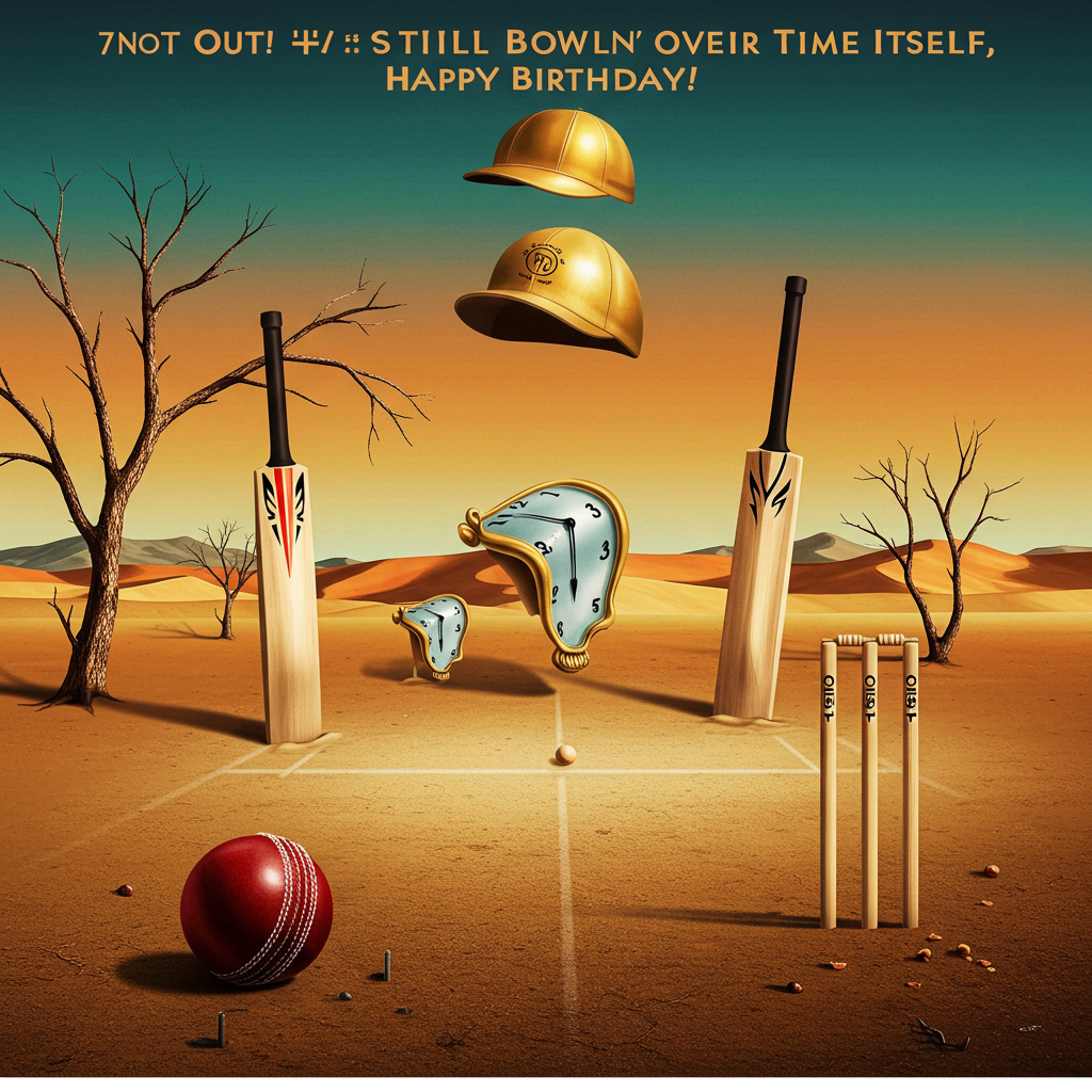 **Prompt for the Image:**

At the top of the abstract image, *"70 Not Out! Still Bowlin' Over Time Itself, Happy Birthday!"*

Create a surreal, abstract image that merges elements of Salvador Dali's *The Persistence of Memory* with the theme of cricket, designed with a dreamy, whimsical twist perfect for a birthday greetings card. Replace the classic melting clocks with vintage cricket bats warped and drooping over desolate desert landscapes. Soft cricket balls sag like melting wax over the branches of eerie, leafless trees. In the center, a pitch emerges from the sand like an ancient monument, and stumps twist skyward like spiral towers. A golden cricket cap levitates where the sun should be, casting long, bendy shadows that spell out subtle celebratory symbols. Use rich, sun-faded colors—sandy oranges, dreamy ochres, surreal teals—to blend nostalgia with playful absurdity. Capture the essence of timelessness and sport fused into one dreamy birthday vision.
Generated with these themes: Incorporate cricket into Salvador Dali's painting The Persistence of Memory.
Made with ❤️ by AI.