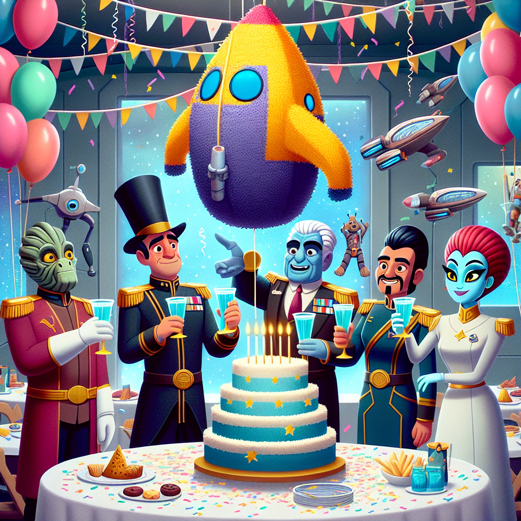 Create an image of a festive birthday party scene. The party decor includes standard elements such as balloons and a cake at the center but also incorporates elements from a popular space exploration fiction series. Notably, there's a spaceship-shaped piñata hanging from above and the scatterings of confetti are in the form of insignias from this series. Animated characters with similarity to historical personalities from different eras, one wearing a tall hat symbolizing an earlier American leader and another with heavy eye makeup reminiscent of an ancient Egyptian ruler, are depicted in themed costumes of this series. They are cheerfully raising glasses filled with a blue colored fictional alien beverage.
Generated with these themes: Star trek, and History.
Made with ❤️ by AI.