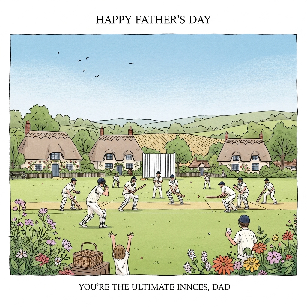 At the top of the Illustration Style image, write the text: "Happy Father's Day".

---

**Image Prompt:**

Illustrate a serene village cricket match set in the idyllic countryside of Surrey. Capture the warm, inviting atmosphere with a hand-drawn illustration that showcases fine linework and textured brush strokes. The scene should feature a group of enthusiastic cricketers dressed in classic white attire, playing on a lush, green field surrounded by quaint thatched-roof cottages and blooming gardens. In the background, gently rolling hills and a clear blue sky add depth and tranquility to the scene. Add small details like a wicker picnic basket and a child cheering on the sidelines to emphasize the familial and community spirit. Use a warm, expressive color palette to evoke a sincere and nostalgic mood. At the bottom of the image, subtly integrate the playful text: "You're the ultimate innings, Dad!"
Generated with these themes: Village cricket match in surrey, and .
Made with ❤️ by AI.