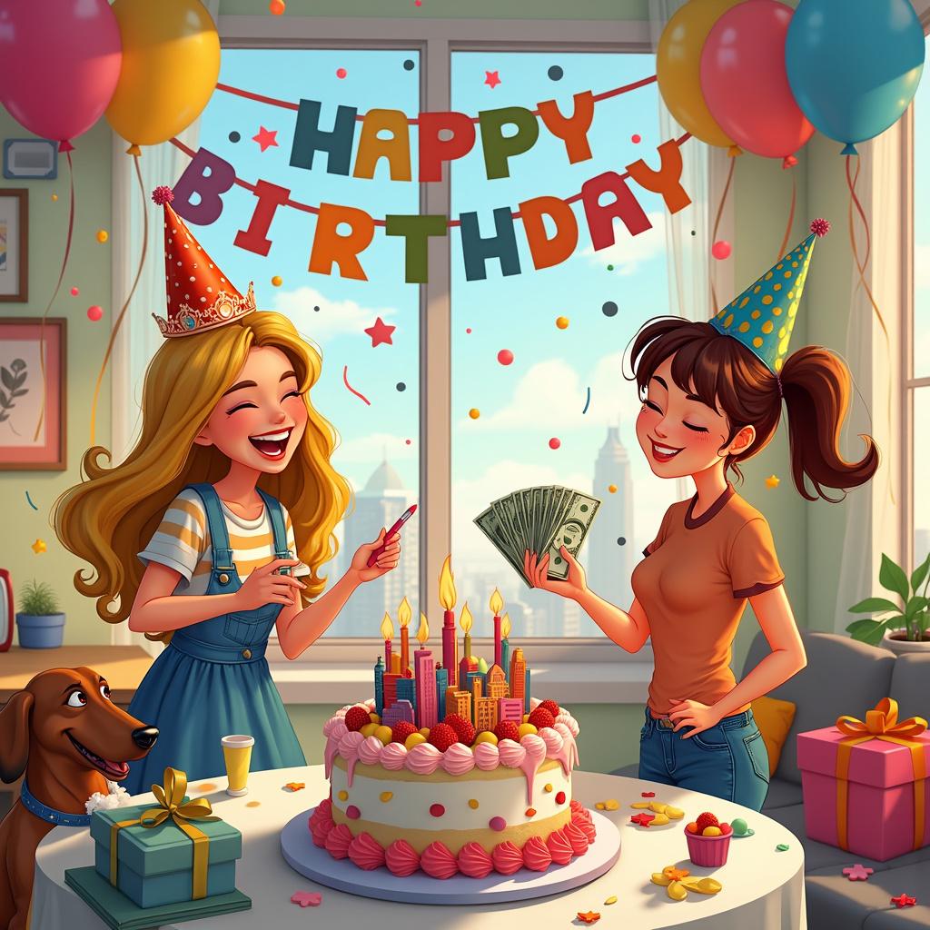 In a cozy, brightly colored apartment living room festively decorated for a birthday party, a vibrant "Happy Birthday" banner hangs across the room in playful fonts, while a cluster of helium balloons floats near the ceiling, adding a cheerful touch. Multicolored streamers drape along the walls and from the light fixtures, enhancing the celebratory atmosphere. 

The scene features two main characters: a blonde sister, who wears a tiara and laughs with joy, dressed in a vibrant polka-dotted dress. She stands near a table, holding a colorful vape pen, surrounded by whimsical vapor shaped like balloons and party hats. Next to her is her brunette sister, sporting a party hat tilted to one side and dressed in a striped shirt and jeans. Playfully, she fans out a stack of bills like a deck of cards, contributing to the lighthearted vibe. Peeking out from behind the couch is a playful dachshund wearing a miniature party hat, its mischievous glint evident as it rests a paw on a chew toy shaped like a birthday cake. 

On the table sits a large, multi-tiered birthday cake decorated with frosting that whimsically mimics a cityscape, drawing inspiration from Winsor McCay's "Little Nemo in Slumberland." Nearby, a pile of presents wrapped in eclectic, colorful paper festooned with bows and ribbons gathers on the floor. The walls are adorned with posters featuring beloved characters from Peanuts, Astro Boy, Calvin and Hobbes, and Tintin, nodding to classic inspirations and enhancing the joyful atmosphere of the gathering.

Generated with these themes: Blonde and brunette sisters, Roommates, Vapes, Spending money, and Dachshunds. Made with ❤️ by AI.