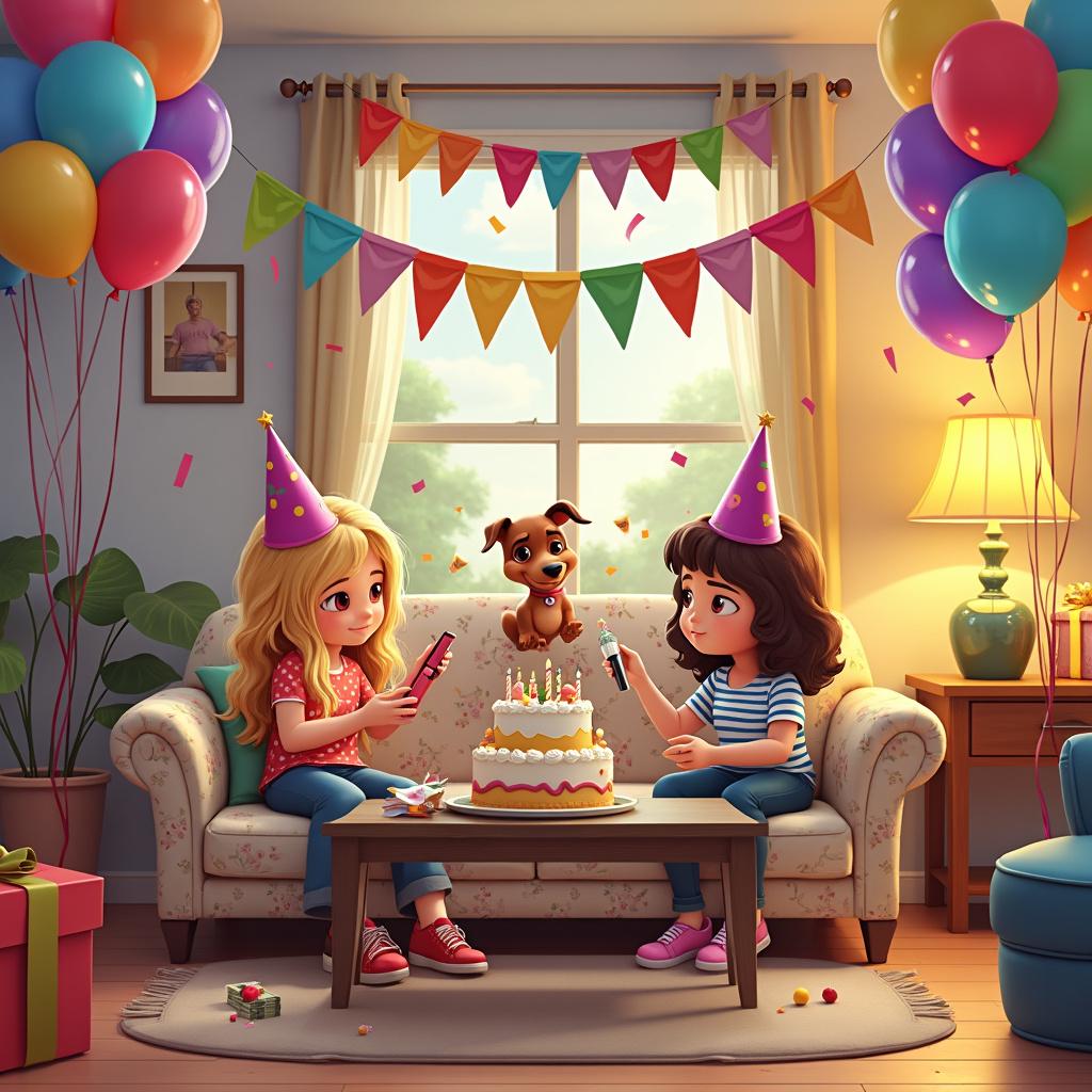 In a cozy, brightly colored living room adorned for a birthday party, the atmosphere bursts with festivity. A large, rainbow-colored "Happy Birthday" banner stretches across the room, while clusters of helium balloons float near the ceiling, adding to the cheerful vibe. Colorful streamers hang from above and drape elegantly across the furniture, which includes a comfy floral-patterned sofa, a wooden coffee table with a glass top, and a few mismatched chairs.

In this lively scene, two sisters bring an extra dose of joy. The blonde sister, dressed in a playful polka-dot dress and a party hat, holds a vape pen and exhales a small cloud of vapor shaped like a birthday cake. Beside her, the brunette sister, wearing a striped shirt and jeans, joyfully throws confetti into the air, both adorned with party hats to celebrate the occasion. Meanwhile, a cute dachshund, donning its own birthday hat, stands on its hind legs atop the coffee table, eagerly reaching for a slice of the large, multi-layered birthday cake decorated with colorful frosting, candles, and tiny fondant figures of the sisters and the dog.

Adding to the fun is a goofy-grinned roommate, clad in a t-shirt with a funny slogan, who holds a handful of cash and an empty gift box, humorously indicating they've spent all their money on a thoughtful gift. Surrounding the coffee table are brightly wrapped presents topped with large bows, a testament to the day's celebrations, while various birthday cards are opened and displayed, capturing heartfelt messages. The floor is a riot of party poppers and confetti, enveloping the room in a festive atmosphere that invites joy and laughter.

In summary, this vibrant living room scene is filled with two blonde and brunette sisters, a playful dachshund, a goofy roommate, and an array of party elements, showcasing a day of celebration marked by joy and camaraderie. 

Generated with these themes: Blonde and brunette sisters, Roommates, Vapes, Spending money, and Dachshunds.  
Made with ❤️ by AI.