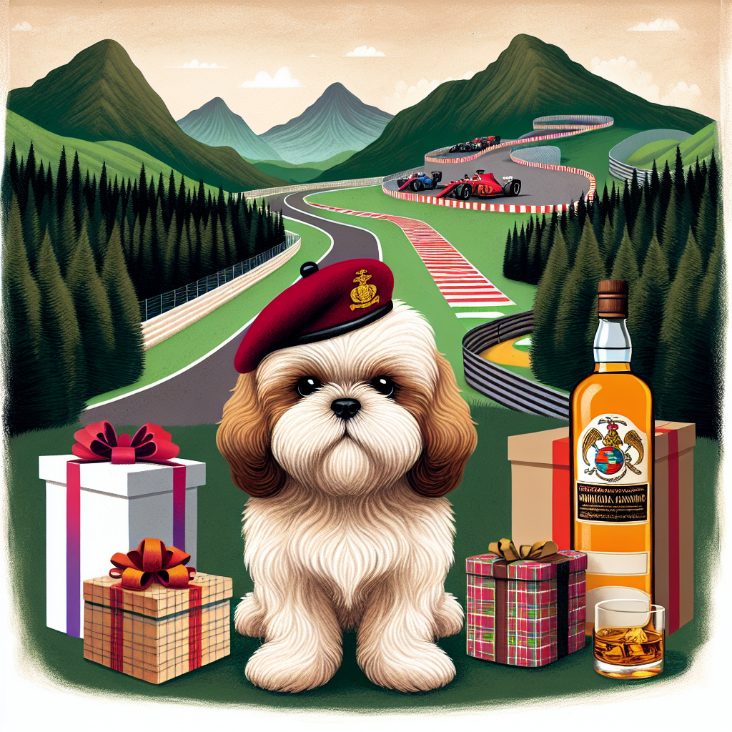 A whimsical and playful illustration representing a 60th birthday celebration set in a serene landscape where a Formula One racetrack gracefully winds through a lush, evergreen forest at the foot of towering mountains. Dominating the foreground, a cute and fluffy white/beige Shih Tzu dog, sporting a tiny beret characteristic of the marine military is sitting. Beside the dog, partially hidden by a stack of gifts wrapped in festive papers and coloured ribbons, a bottle of whiskey can be seen.
Generated with these themes: Formula One, Forest, Mountains, White/beige shitzu, 60th, Royal Marine, and Jameson’s Whiskey.
Made with ❤️ by AI.