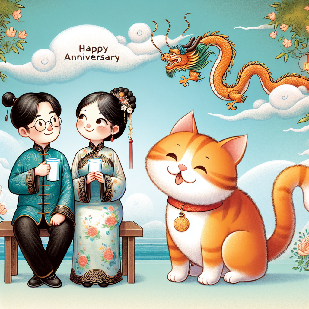 A whimsical illustration represents an anniversary celebration. A Chinese couple, donned in traditional attire, is shown sitting together against a tranquil backdrop, engaged in the delightful act of sipping milk. Alongside them rests an amiable orange cat, its tail flicking blissfully, adding an adorable touch to the scene. Above, a friendly dragon majestically weaves through the fleecy clouds. This affection-filled scene is humorously balanced by a fun detail: a small, characteristic cartoon detail on the cat that showcases its unique charm.
Generated with these themes: Chinese , Milk, Orange cat, Dragon, and Bum hole .
Made with ❤️ by AI.