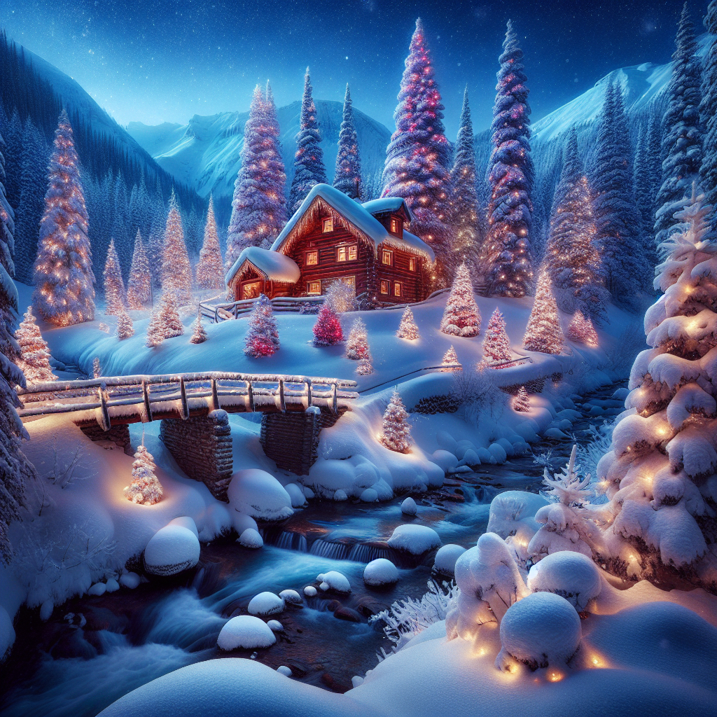 The scene is set in a winter wonderland where a cozy mountain cabin sits surrounded by towering trees, each heavy with the weight of fresh snow. A babbling creek cuts through the landscape, over which a rustic bridge arches. The entire tableau is brought to life under the soft hues cast by Christmas lights that adorn the cabin and trees, creating a magical festive atmosphere.
Generated with these themes: Mountain cabin, Snow, Creek, Bridge, Big trees, and Christmas lights.
Made with ❤️ by AI.