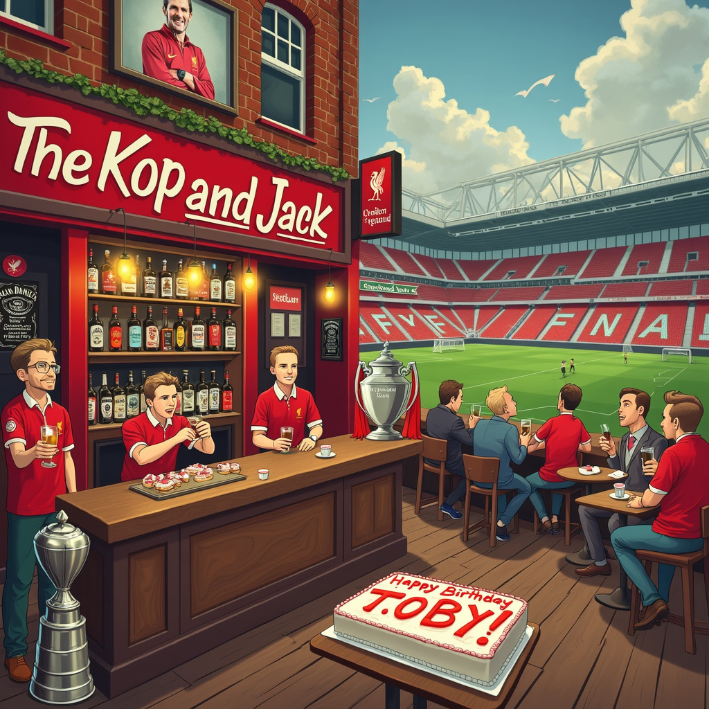 The front cover of the birthday greetings card for Toby features a lively and humorous scene set in a fictional pub named "The Kop and Jack", which creatively combines the themes of Liverpool Football Club and Jack Daniels.

The pub’s exterior is painted in the iconic red of Liverpool Football Club with a large, vintage-style sign that reads "The Kop and Jack" hanging above the entrance. To the left of the pub entrance, there's a life-sized cardboard cutout of a smiling Jürgen Klopp holding a glass of Jack Daniels. To the right, a humorous billboard shows Liverpool players celebrating with oversized bottles of Jack Daniels, toasting with fans in the background.

Inside the pub, a large wooden bar counter is the central focus. The counter is adorned with Liverpool FC memorabilia, including scarves, jerseys, and a banner hanging from the ceiling that reads, "Happy Birthday Toby" in bold red and white letters, the club’s colors. Behind the bar, shelves are lined with bottles of Jack Daniels, each bottle humorously labeled with names of famous Liverpool players. The bartender, wearing a Liverpool jersey, pours a drink into a glass shaped like the Premier League trophy.

To the left, a group of patrons dressed in Liverpool kits are watching a match on a large screen TV mounted on the wall, cheering and holding up Jack Daniels glasses. One of them is wearing a Liverpool scarf that has "Toby" knitted into it.

In the background, there’s a large, realistic mural of Anfield Stadium on one wall. In the mural, the sky above Anfield has clouds that subtly form the letters "T-O-B-Y", spelling out the name of the birthday boy. 

On the right side, a corner table is set up with a birthday cake shaped like the Champions League trophy, with "Happy Birthday Toby" written on it in red icing. Surrounding the cake are miniature bottles of Jack Daniels, giving the scene a playful and festive touch.

Everywhere you look, there’s a sense of celebration with a perfect blend of football fandom and whiskey appreciation, ensuring Toby’s birthday is celebrated in style.
Generated with these themes: Liverpool Football Club, and Jack Daniels .
Made with ❤️ by AI.
