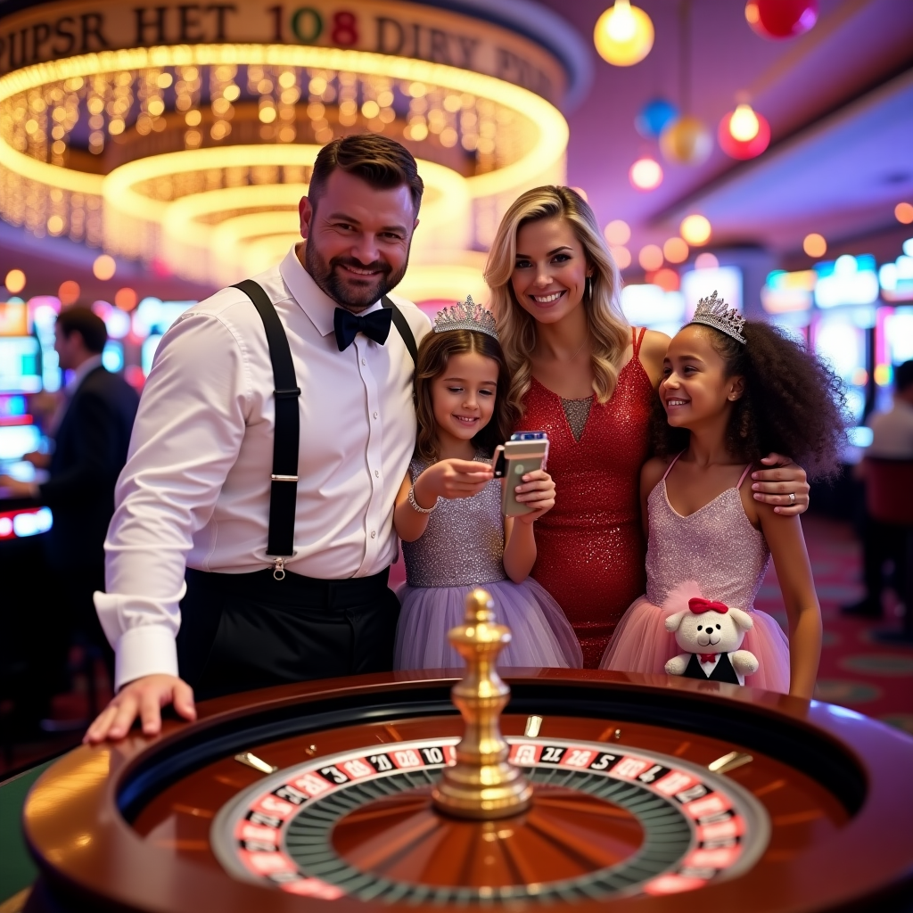 In the heart of a vibrant Las Vegas casino, under the kaleidoscopic glow of neon lights, a family stands triumphantly around a roulette table that shimmers like a festive kaleidoscope. At the center, Dad, a robust man of 45 with an unmistakable glint of victory in his eye, is clad in a crisp white shirt and a loosened black bow tie, his hand resting atop a teetering mountain of multi-colored chips. Mom, a striking 38-year-old blonde, stands beside him, her sequined red dress sparkling like New Year's Eve fireworks. Her face radiates joy, one arm wrapped around Dad and the other clutching a fluted glass of bubbling champagne. The three daughters, aged 14, 12, and 10, are huddled together, each wearing tiaras that twinkle in the casino lights. The eldest, wearing a black dress with silver stars, captures the moment on her smartphone. The middle child sports a playful pink party dress and is mid-jump, her curly hair flying as she mimics the spin of the roulette wheel. The youngest, in a lavender dress with a tulle skirt, clutches a plush toy dressed in a mini tuxedo. Behind them, a backdrop of cascading balloons and streamers with a large “Happy New Year” banner arcing overhead adds to the festive feel. Casino patrons, both jubilant and envious, look on as the family celebrates their serendipitous start to the new year.
Generated with these themes: Winning roulette in Vegas: family, dad age 45, mom blonde age 38, daughter age 14, daughter age 12, daughter age 10.
Made with ❤️ by AI.